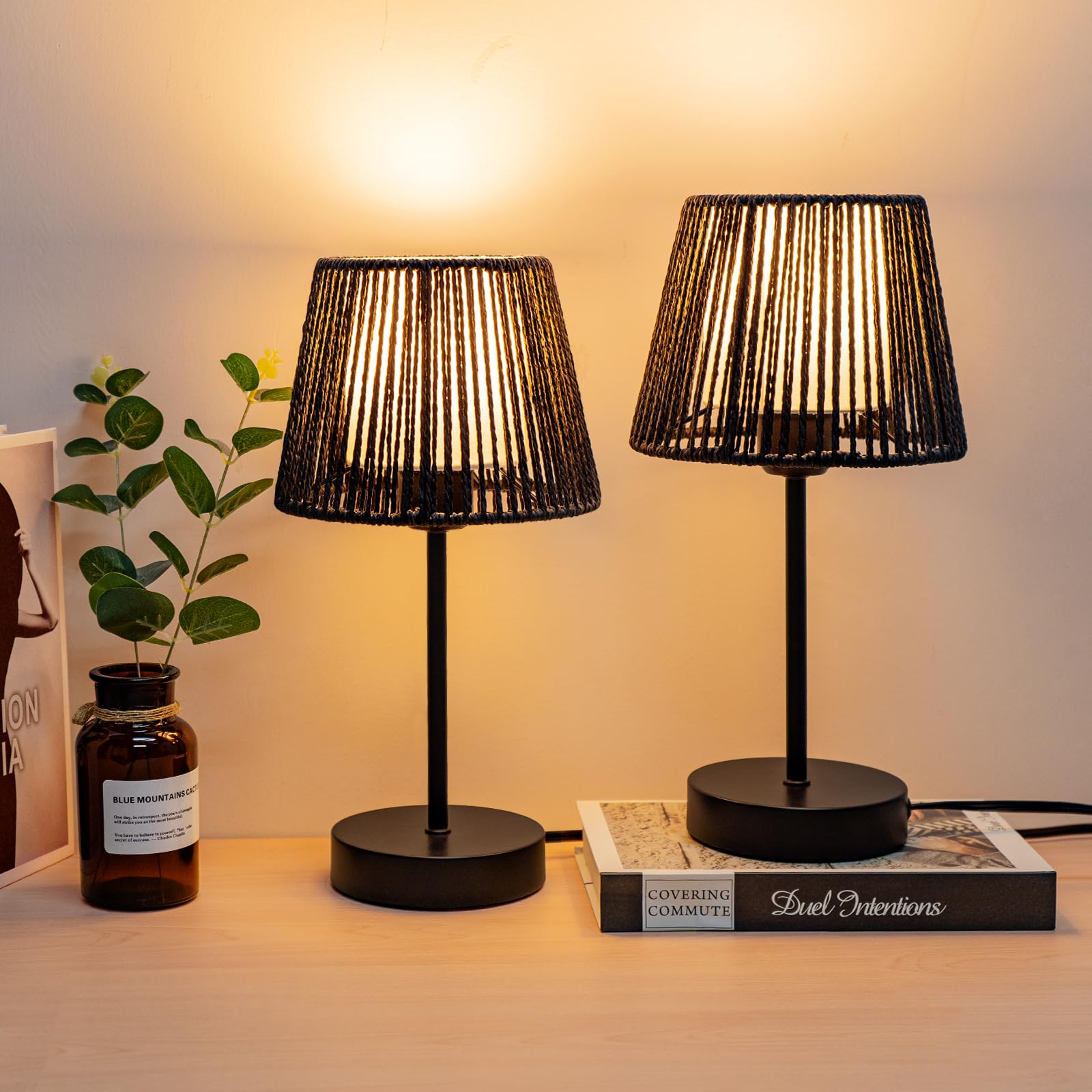 ONEWISH Touch Boho Lamp, Dimmable 3-Way Bedside Table Lamp, 14.2in, Metal, Black, 2 Packs, Model 13TAB149