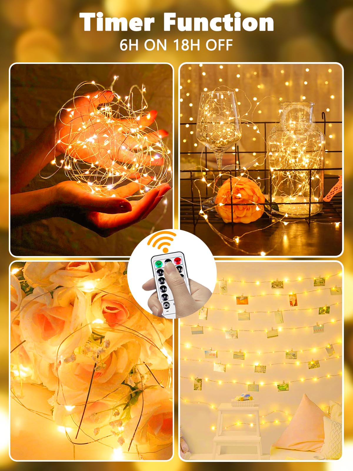 Yiqu 2 Pack Led Fairy Lights - Battery Operated, Remote Control, Timer, Warm White, Copper, 8 Modes For Indoor/Outdoor Décor