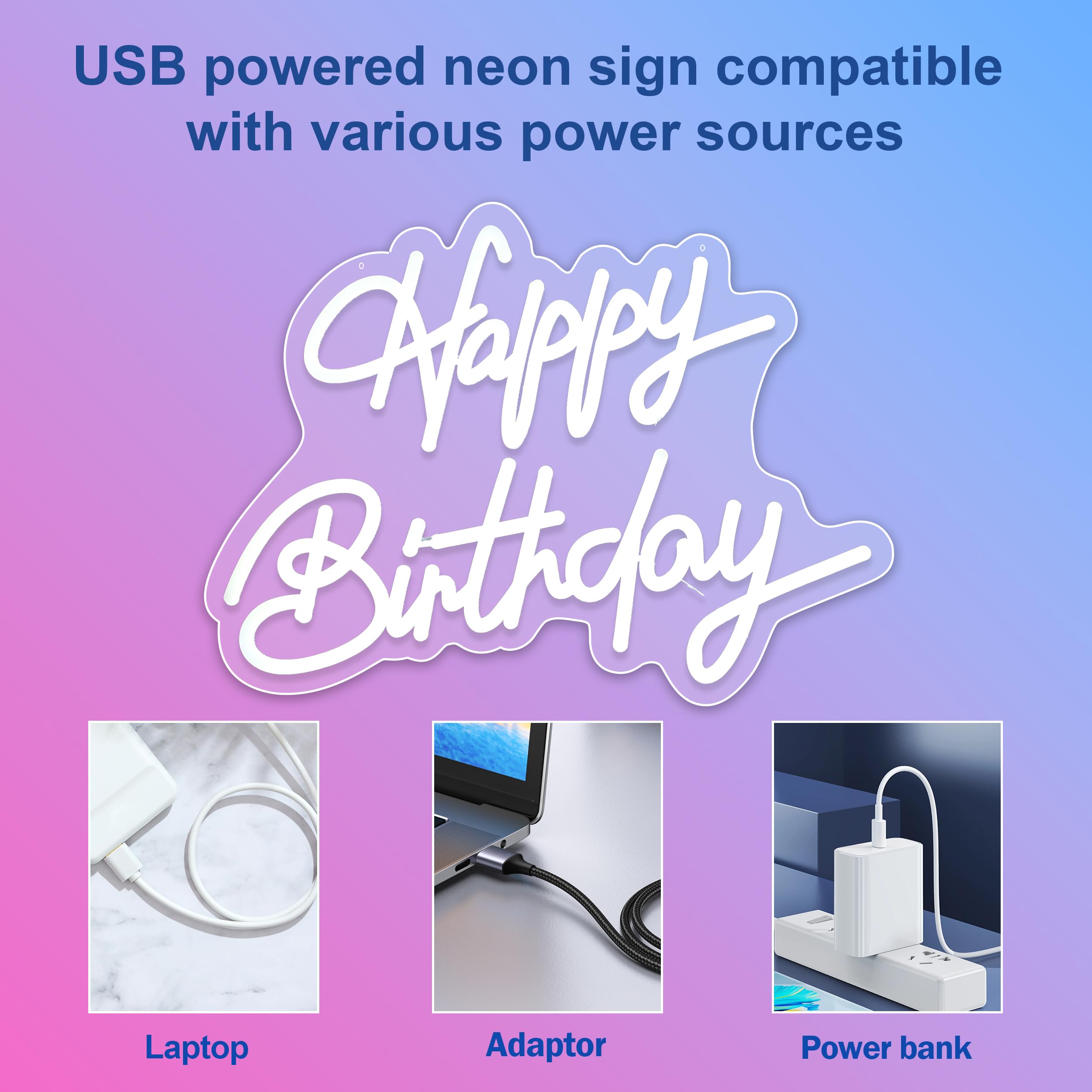 Liuisneo Happy Birthday Neon Sign,Innovative Integral Forming Process,With Dimmable Switch For All Holiday Party And Home Decoration,17 * 14Inch,White