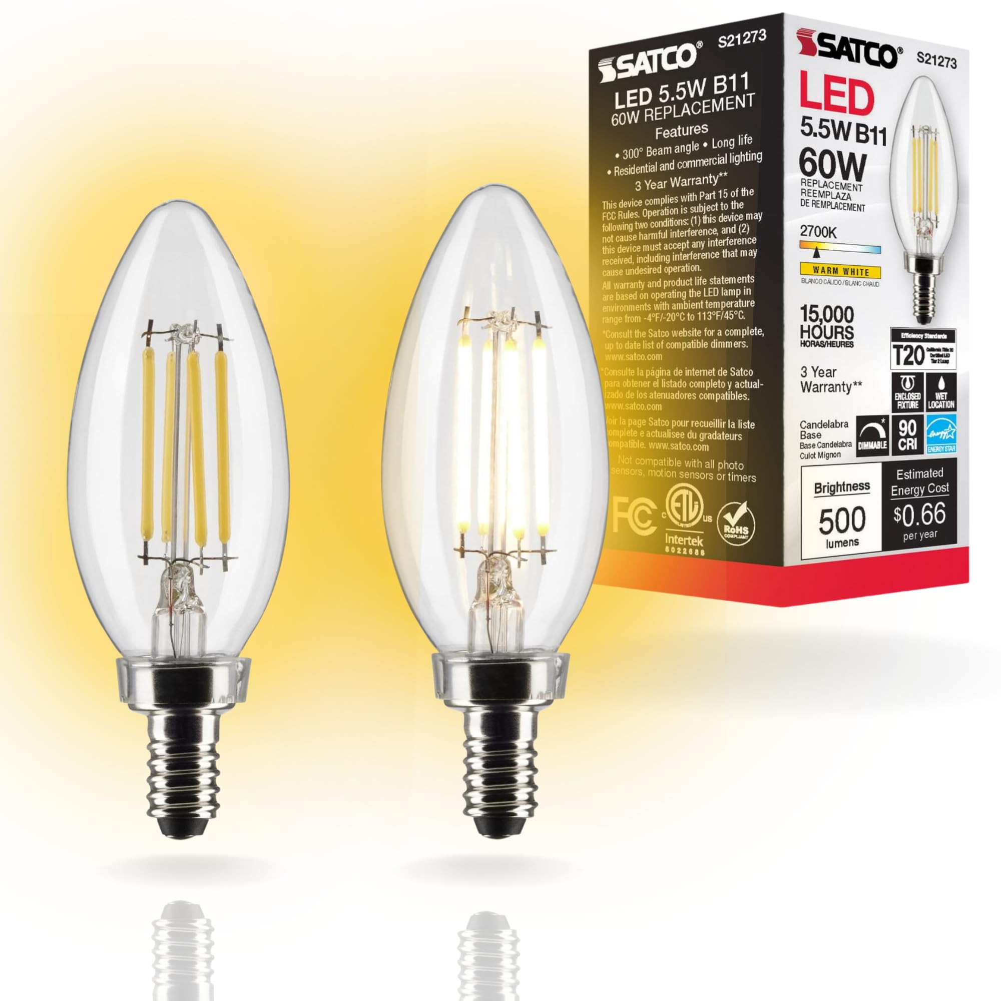 Satco Lighting S21273-5.5 Watt B11 Led Clear Dimmable Light Bulbs - Candelabra Base - 90 Cri - 2700K - 120 Volts - 15,000 Hours 