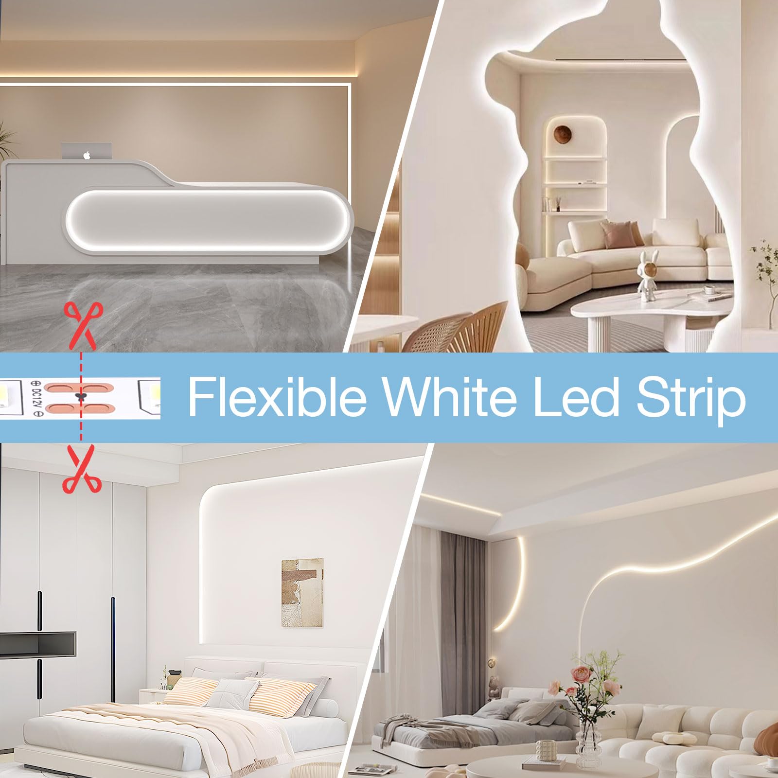 NEWREACH USB LED Light Strip, 16.4ft Daylight White, Cuttable for Bedroom, Mirror, Camping, Model NR-DLS2.5M-Battery-2P