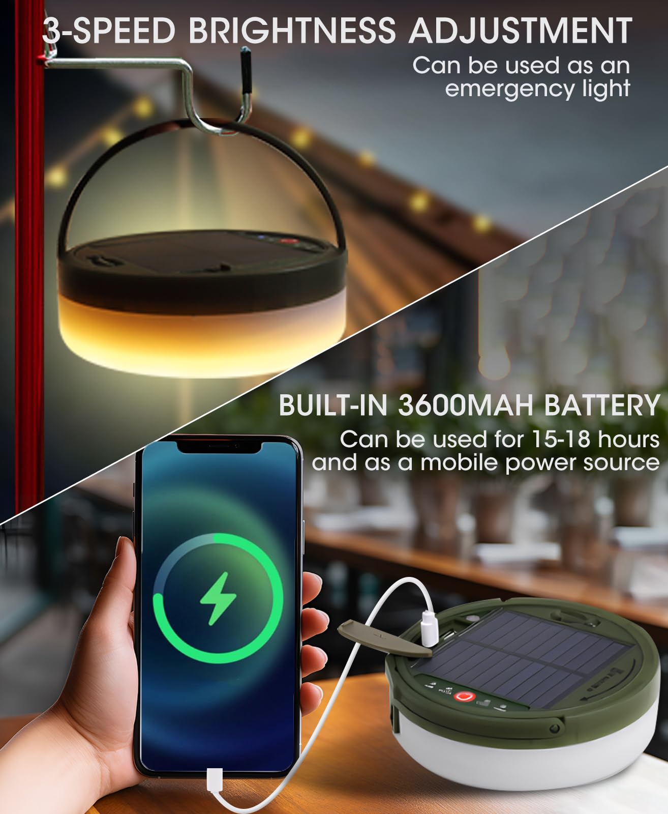 Solar Camping String Lights , 2 in 1 Multi-Color Outdoor String Lights with 8 Lighting Modes(39.4Ft), Solar Power and USB Rechar