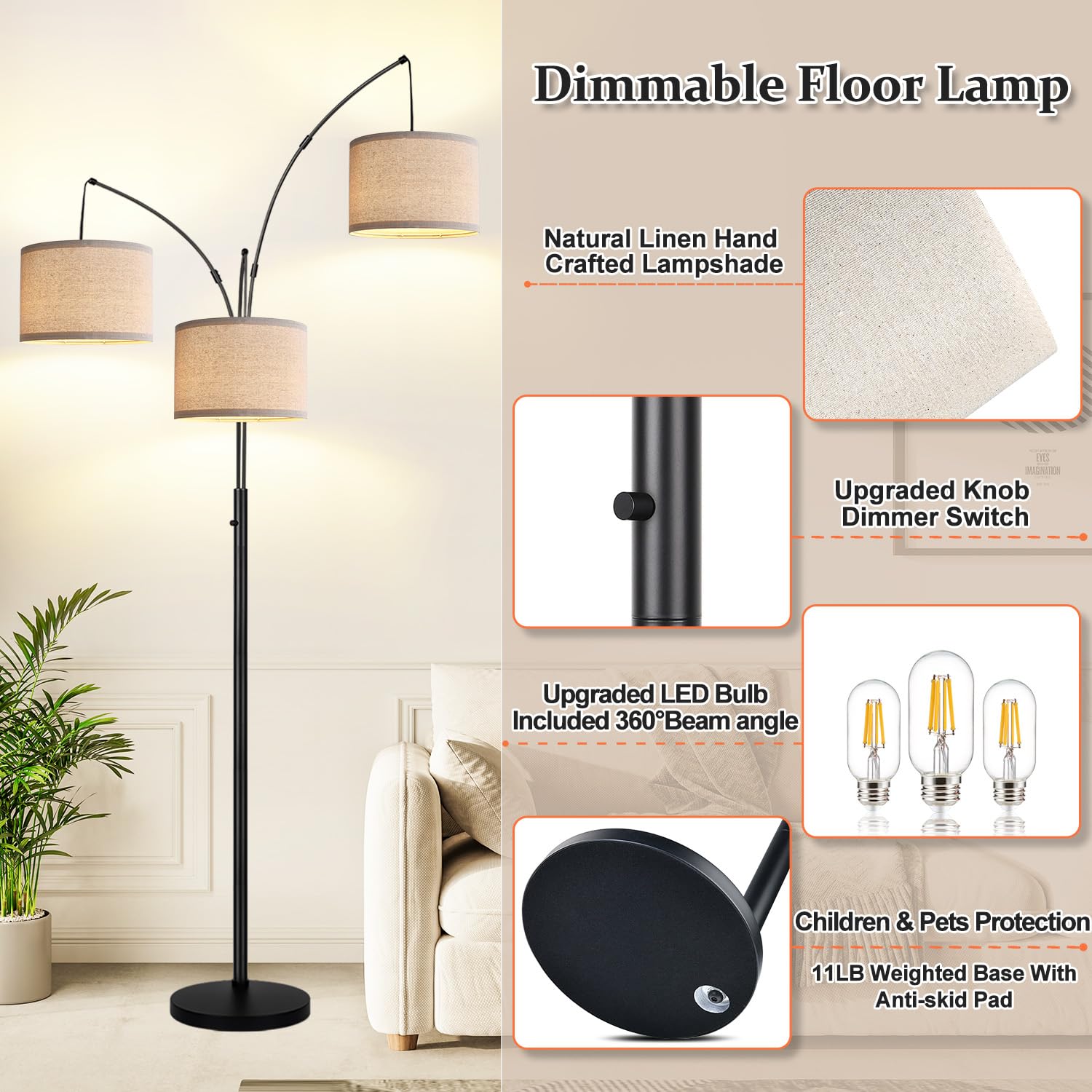 Dimmable Floor Lamp, 3 Lights Black Arc Floor Lamps For Living Room, Modern Tall Standing Tree Lamp With Linen Shade & Heavy Bas