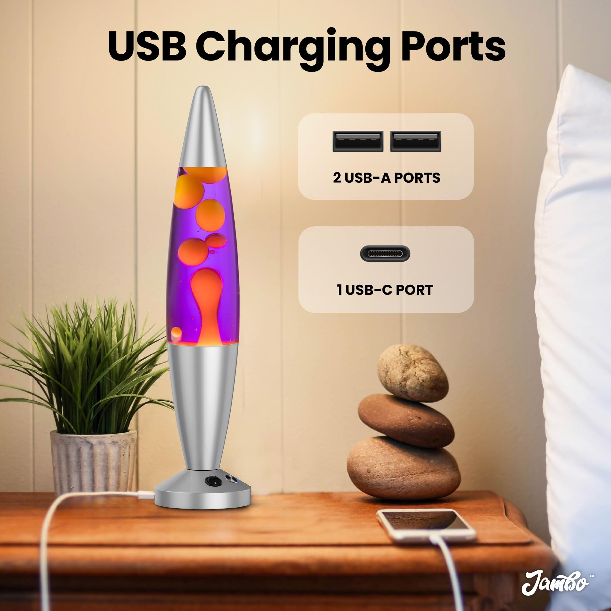 JAMBO Motion Lamp - 16in Silver Base, Purple Liquid, Yellow Wax - USB Ports, Auto Shut Off, Model 59000 - Night Light for Home Decor