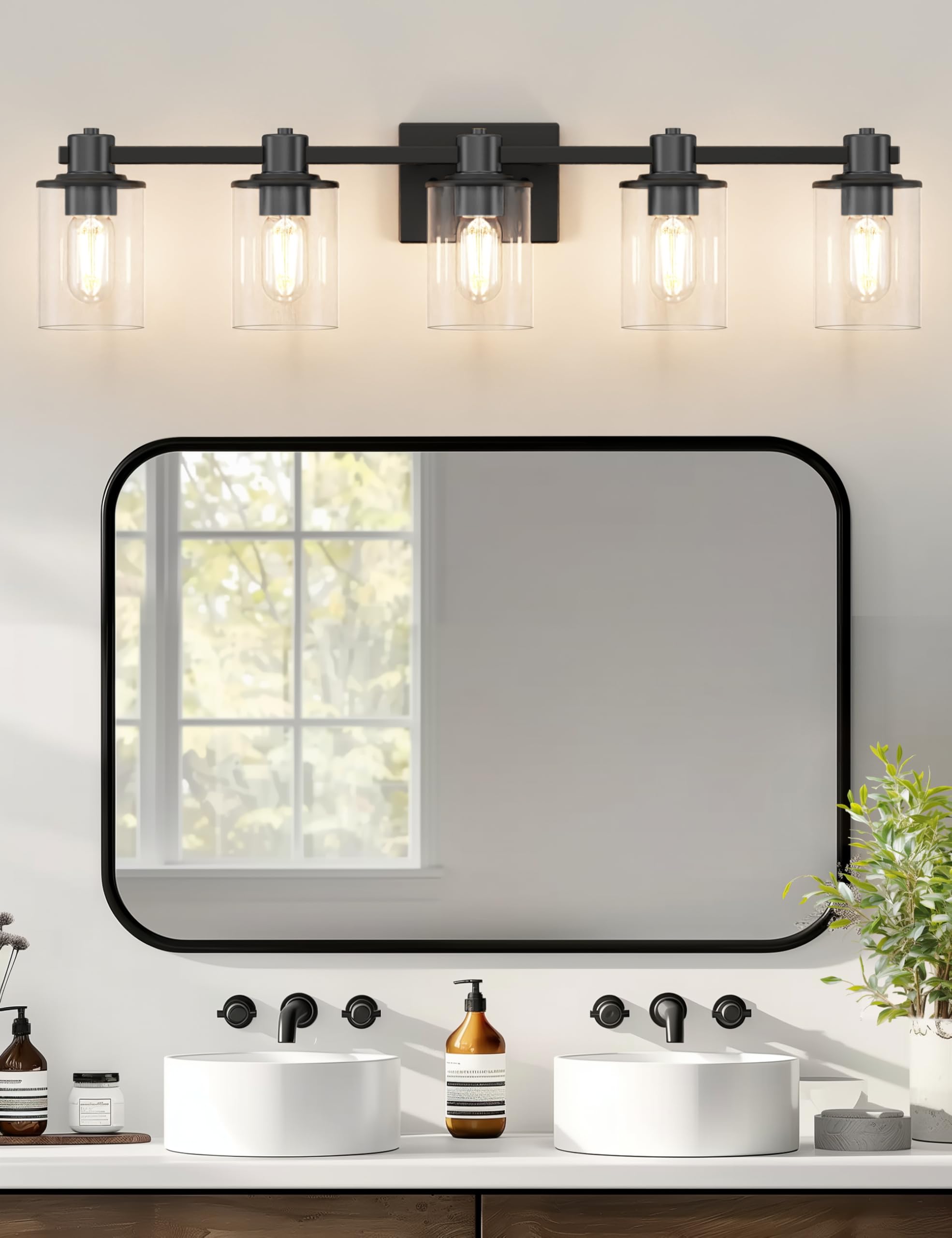 DORESshop 5-Light Black Bathroom Light Fixtures, Modern Brushed Vanity Lights with Clear Glass Shade, Model 4eab6c84-cb7d-4baf-8a33