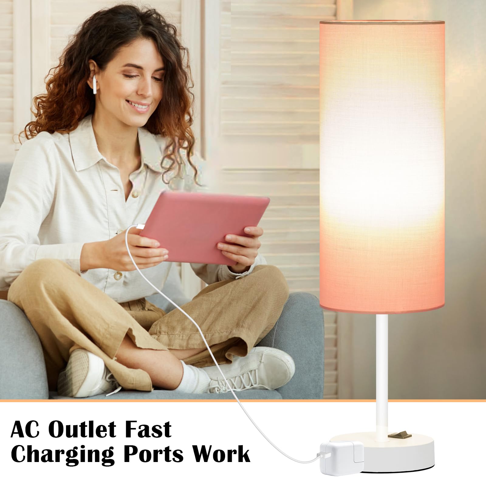 Zjojo Table Lamp For Bedroom 2 Pack,18In Bedside Lamps With 3 Way Dimmable Rocker Switch & Ac Outlet,Nightstand Desk Lamp With P