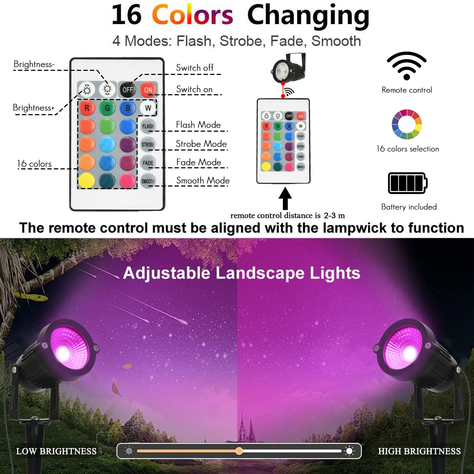 AHSELLUS Low Voltage RGB Landscape Lights, 5W DC12V Aluminum Waterproof Spotlight, Multicolor, Remote Control, 8 Pack