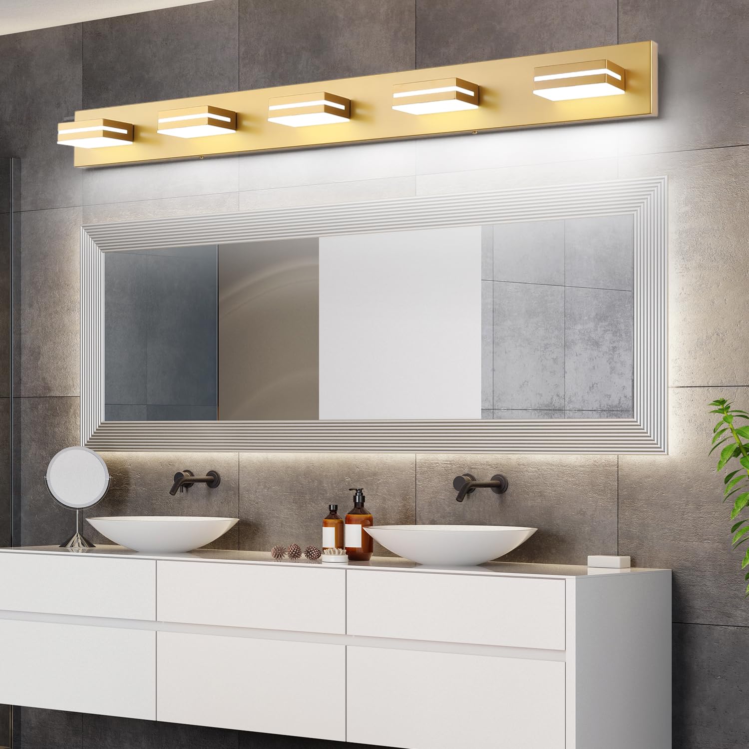Sinerise Led Modern Bathroom Vanity Light Fixtures (6-Light, 48-Inch), Matte Gold Modern Acrylic Bathroom Wall Lighting Fixtures