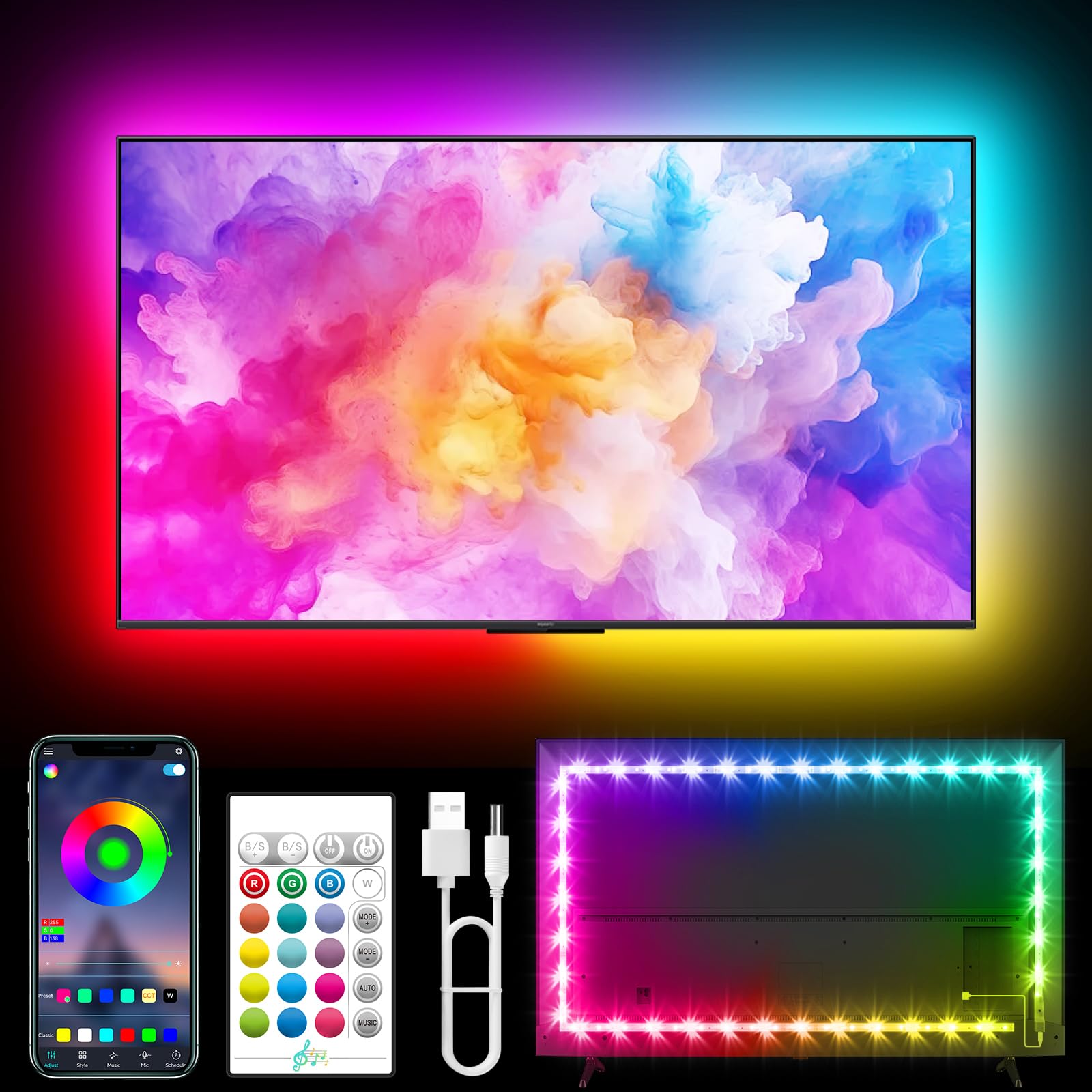 Tyute Tv Led Lights  18.0Ft Led Lights For 40-75 Inch Tv Behind Lighting  Rgb Color Changing Tv Backlight With App & Remote Control  Music Sync Usb Led Strip Light For Bedroom Gaming Room Decor