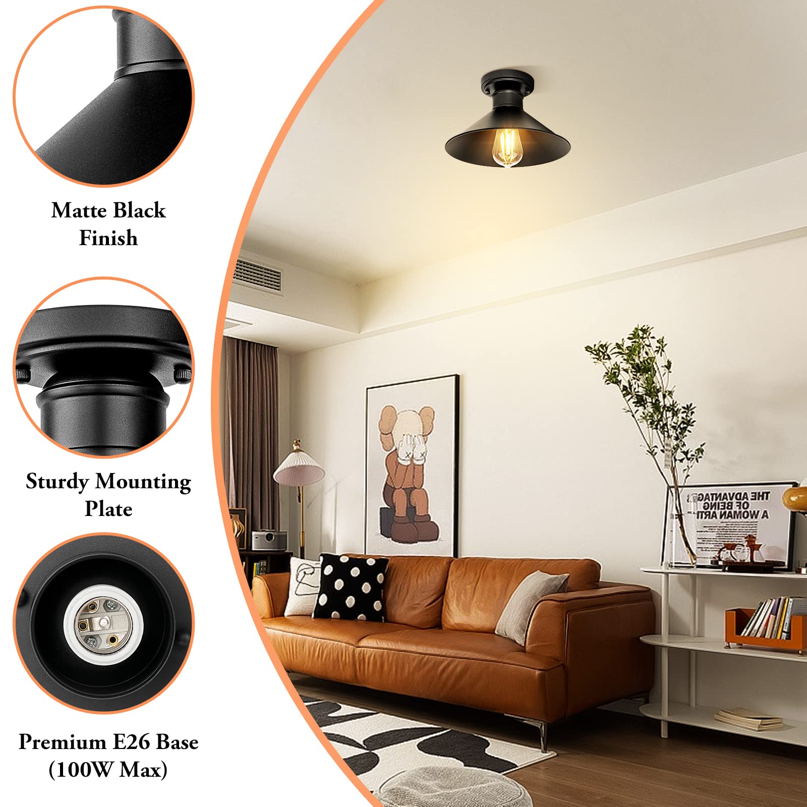 Brightever Industrial Semi Flush Mount Ceiling Lights, Matte Black, Metal, 2 Count, Model X10004P