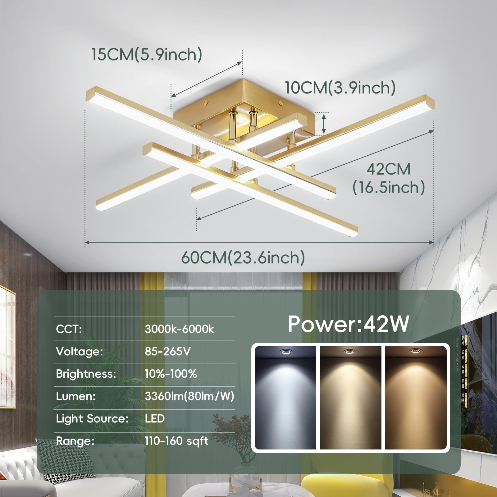 Caneoe Modern Ceiling Light Fixture, Gold Dimmable Close To Ceiling Light With Remote Control,Sputnik Flush Mount Ceiling Lamp F