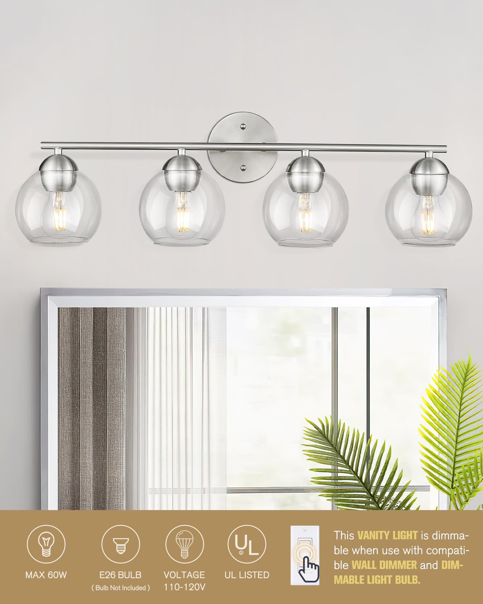 Emak Mak 4-Light Bathroom Vanity Light  29 Inch Brushed Nickel Bathroom Light  Globe Vanity Lighting With Clear Glass Shade For Bath  Vl114-Bn-4