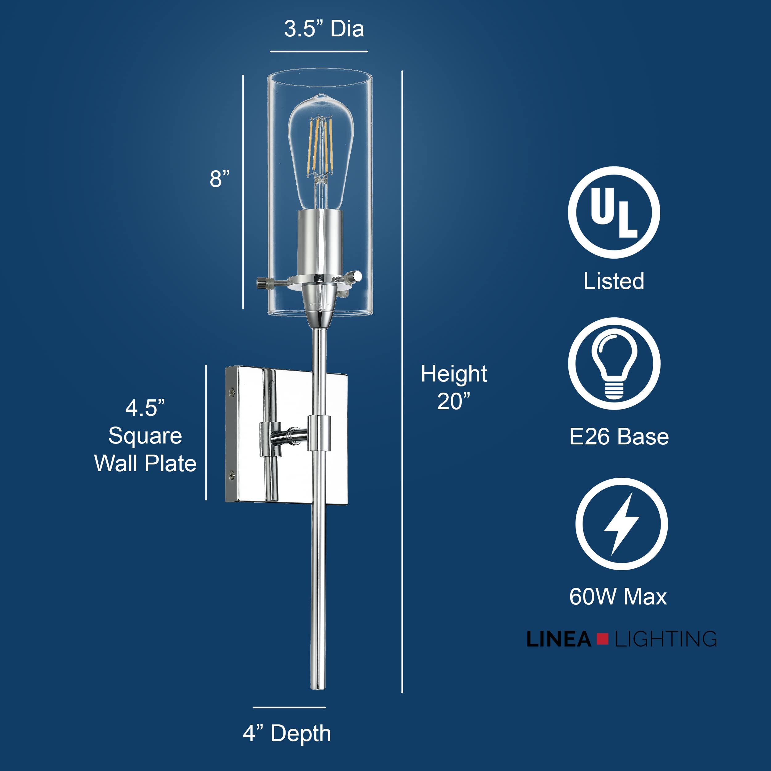 Linea di Liara Chrome Wall Sconce Light Fixture, Glass Indoor Bathroom Lighting, Model LL-WL31-PC, Small Size