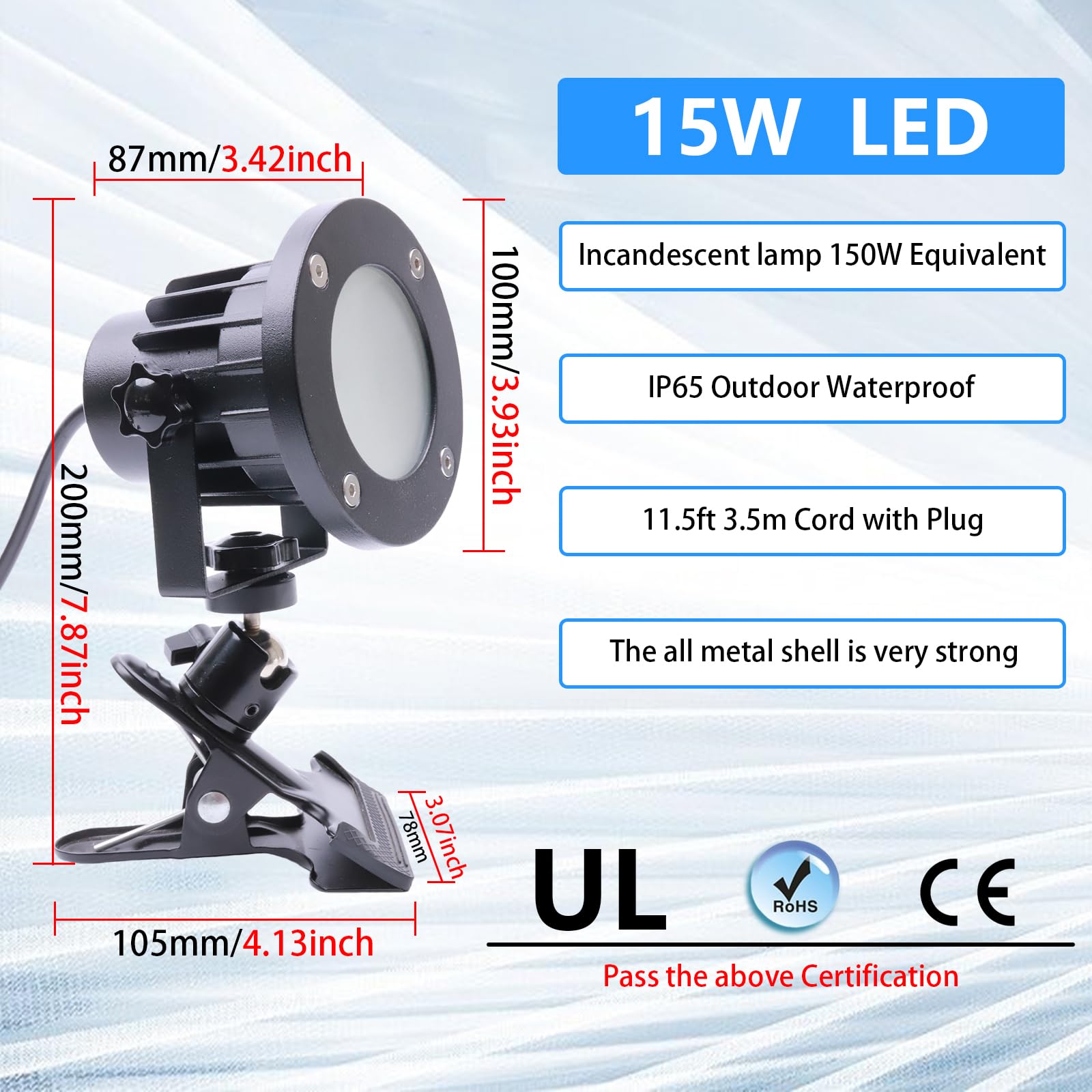 Clip Floodlight 15W Led Work Light Ip65 Waterproof 150W Equivalent 11.5Ft 3.5M Cord With Plug Lights For Workshop Garage, Construction Site Applicable To Various Environments (15W Warm White)