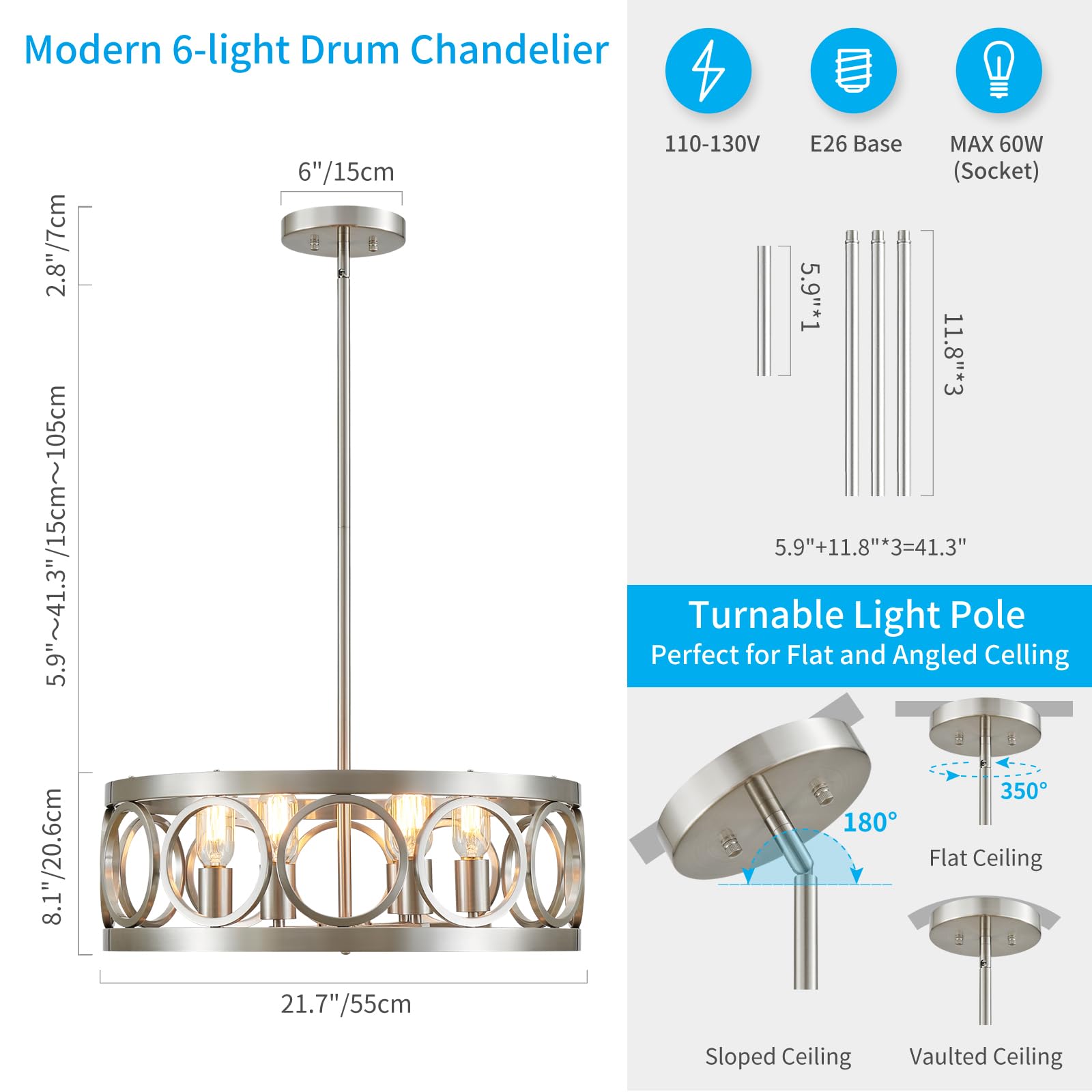 Xingqi 6-Light Modern Chandelier Brushed Nickel Farmhouse Dining Room Chandeliers, 21.7'' Drum Pendant Light Fixture Height Adjustable For Living Room Home Office