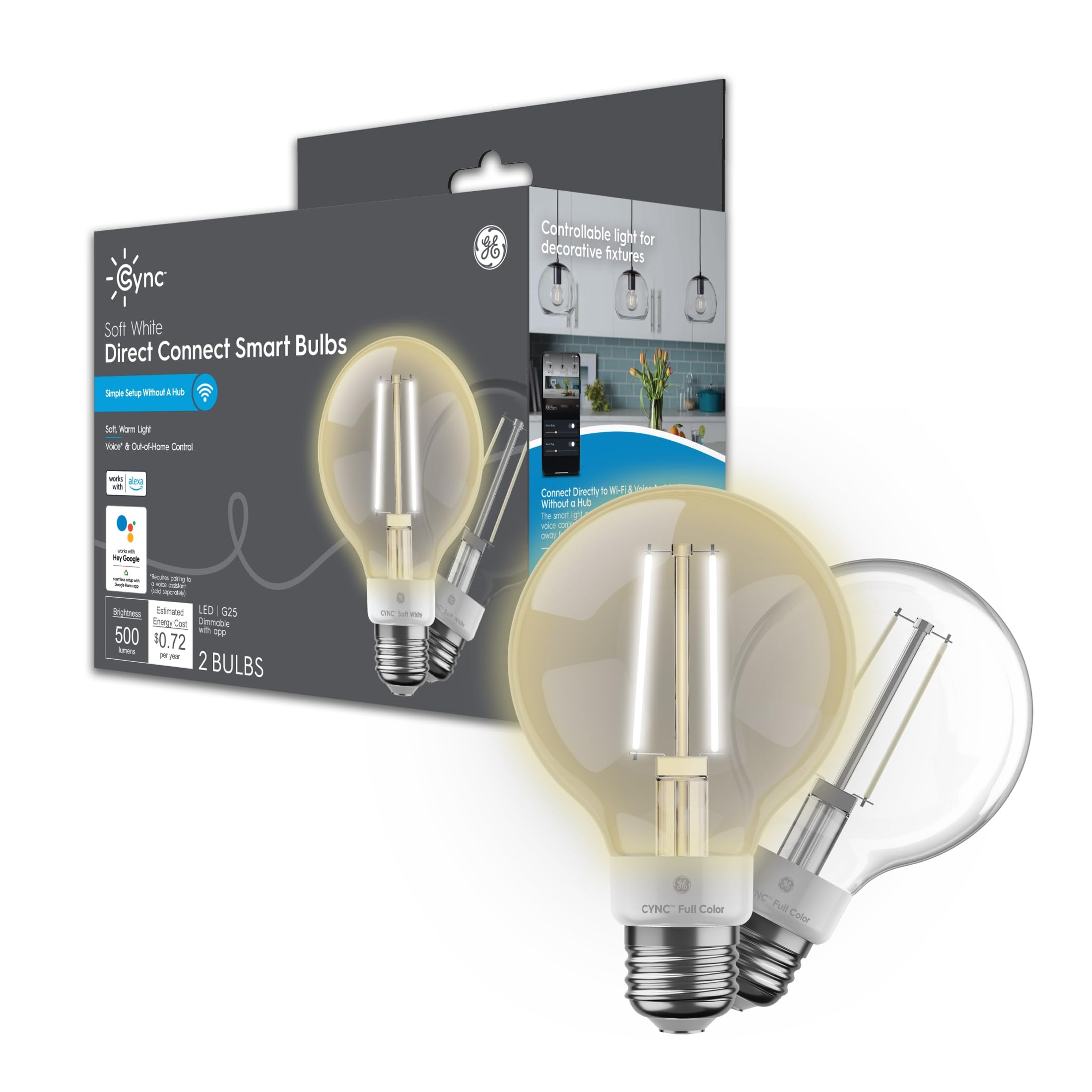 GE Cync Smart LED Light Bulb, G25 Globe Bulb, Works with Amazon Alexa and Google Home, WiFi Light, Soft White, 60W (2 Pack)