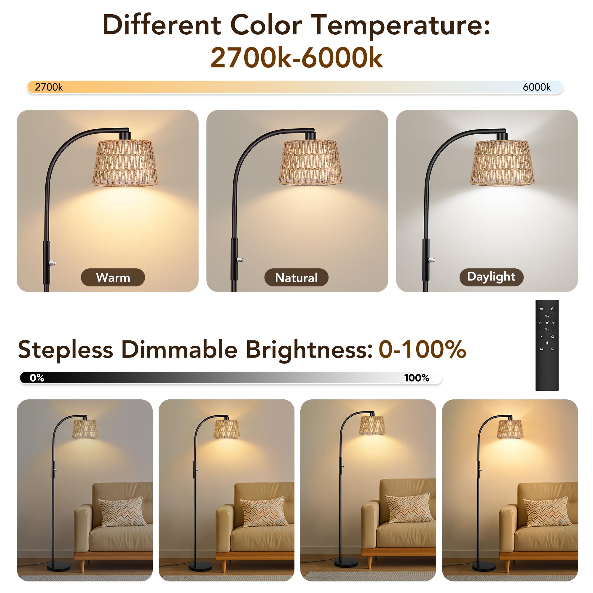 Rottogoon Arc Rattan Floor Lamps For Living Room With 3 Color Temperatures, Boho Floor Lamps With Remote & Dimmable Bulbs, Bohem