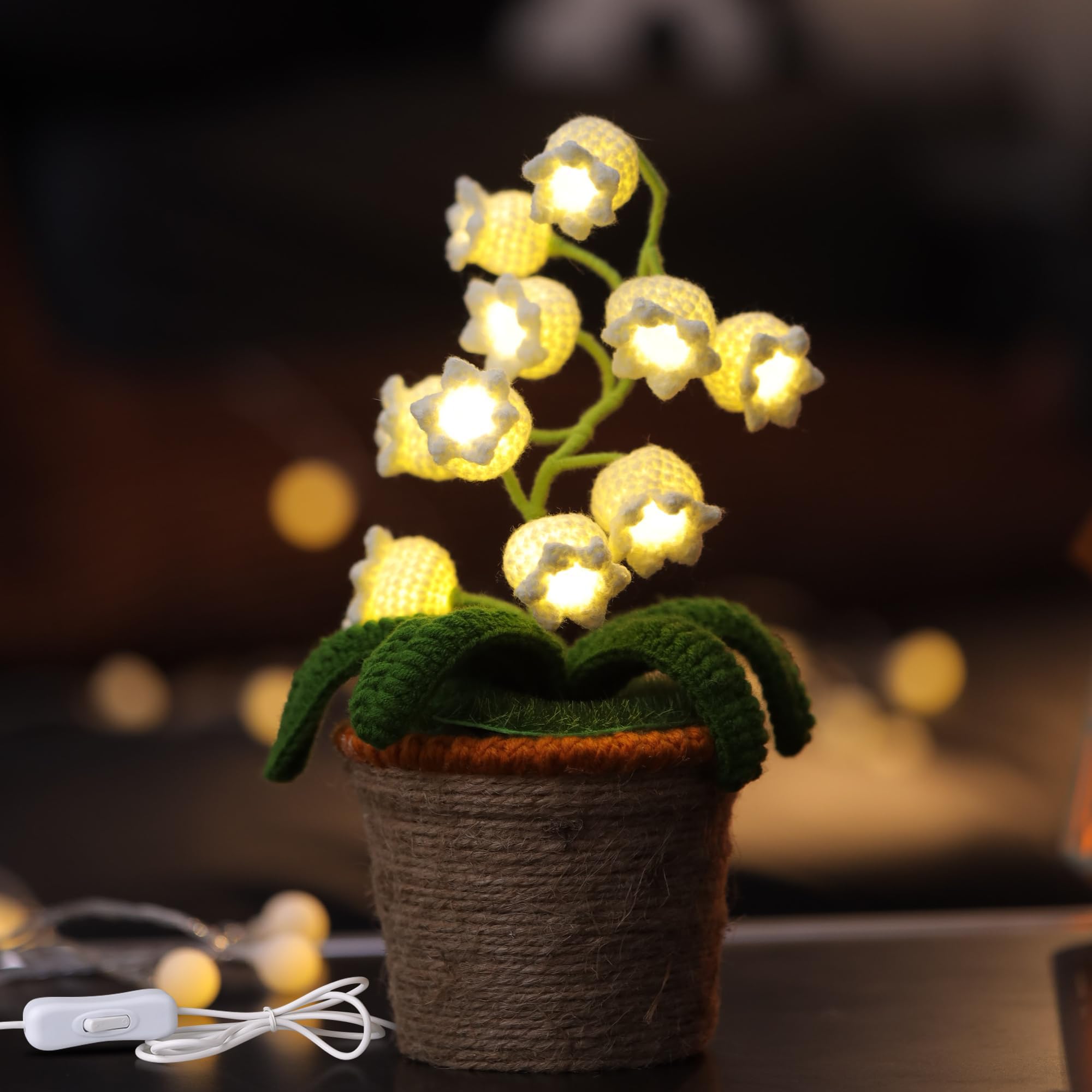 ANZRLE Lily of The Valley Lamp  Crochet Artificial Flowers with Night Lights  Cordless Table Lamp - Women Gift Ideas for Christmas Valentine Mothers Day  Desk Home Decorations (White USB line)