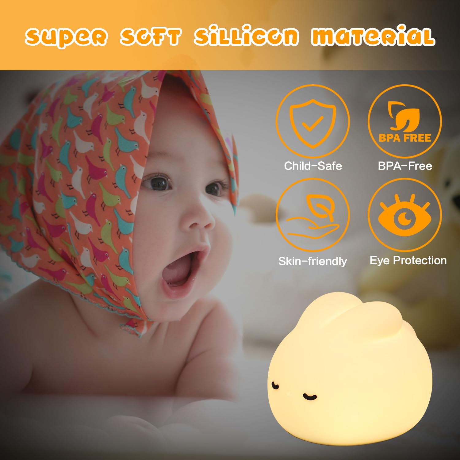 Mexyz Cute Bunny Night Light, 3 Level Dimmable Nursery Nightlight For Kids, Rechargeable Silicone Squishy Rabbit Lamp With Tap Control & Timer For Breastfeeding Toddler Baby Kids Decor Gift