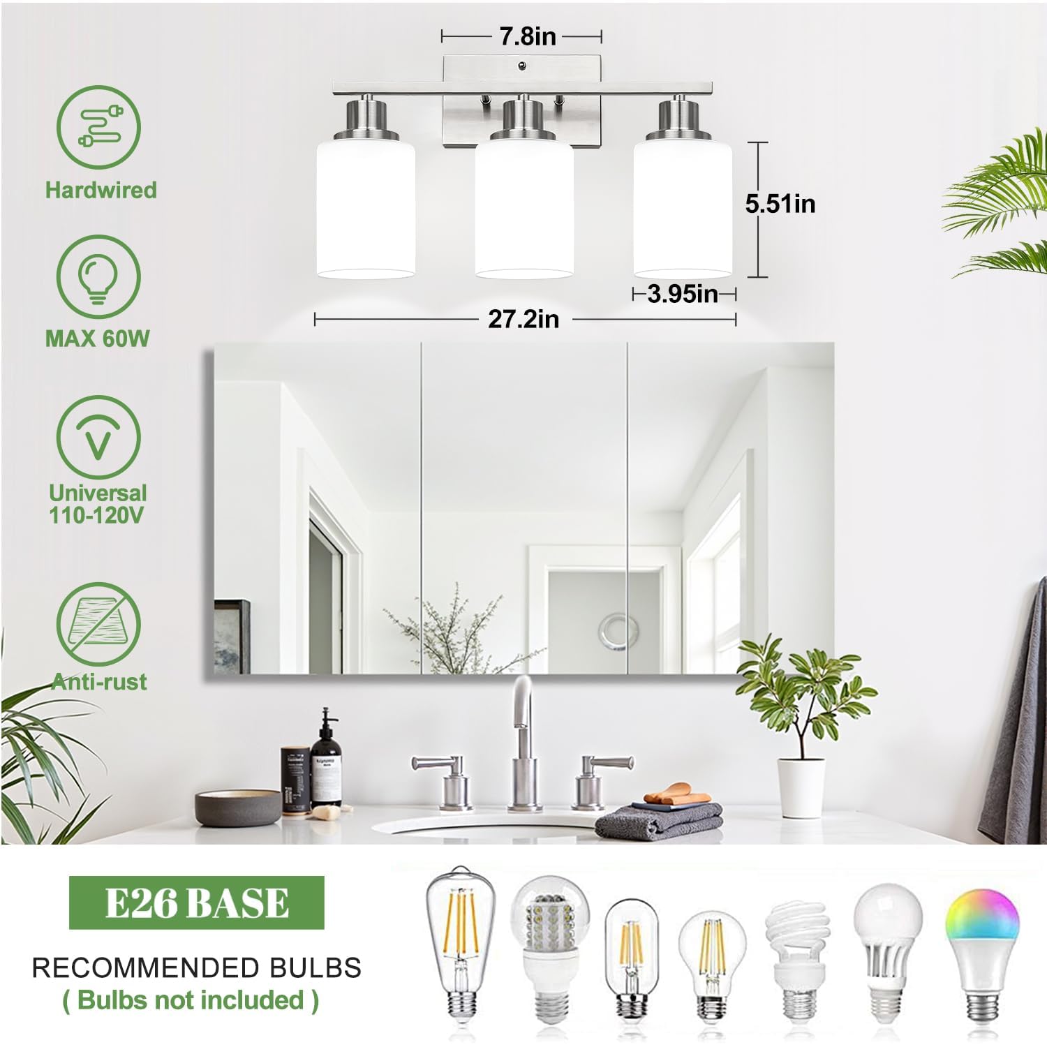 3-Light Bathroom Light Fixtures  Brushed Nickel Vanity Light With Milky White Shades  Bathroom Lighting Fixtures Over Mirror  Modern Bathroom Wall Lamp For Mirror Living Room Cabinet Bedroom