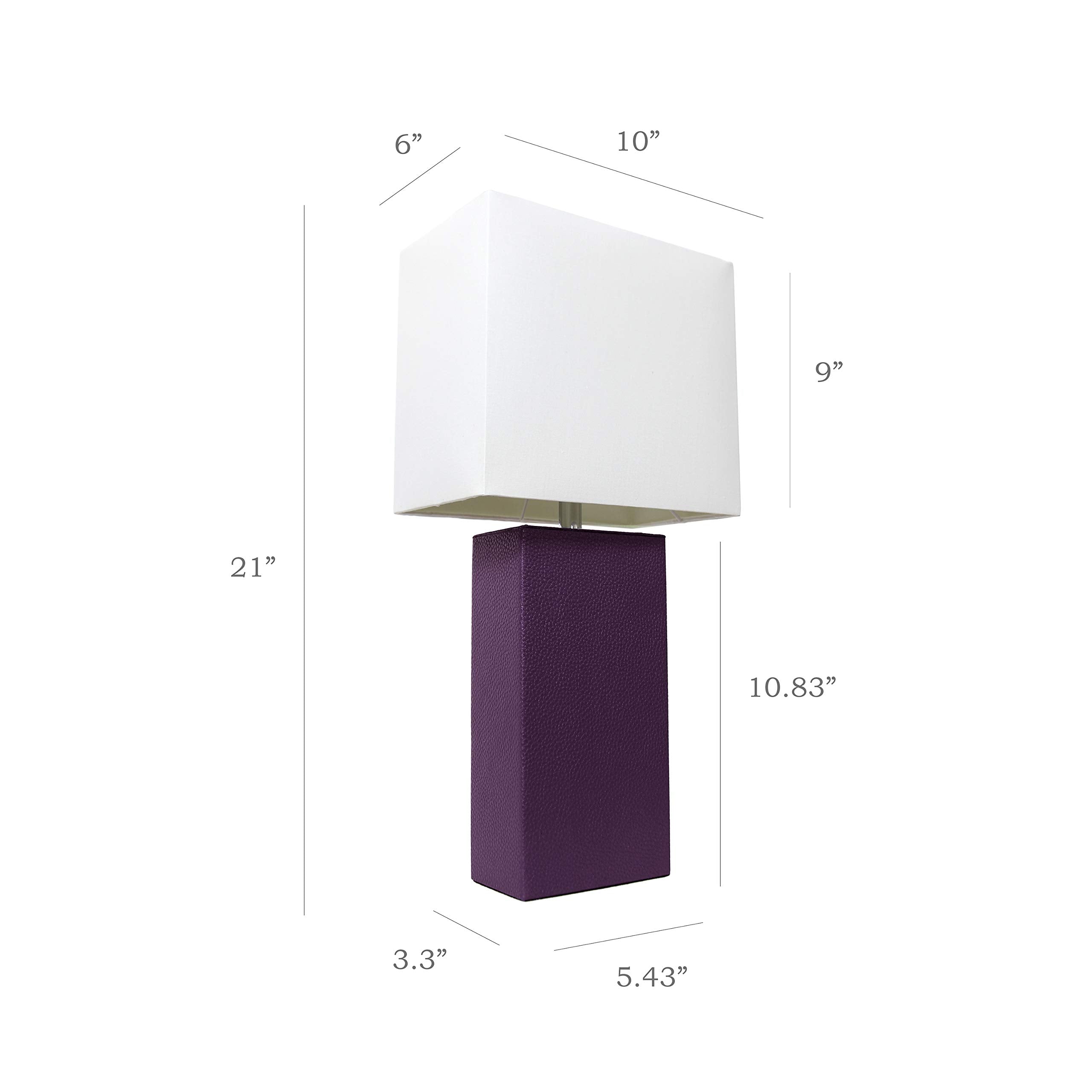 Elegant Designs Modern Leather Table Lamp, Engineered Wood, White Fabric Shade, Contemporary Size, Eggplant Color, Model LT1025-EGP
