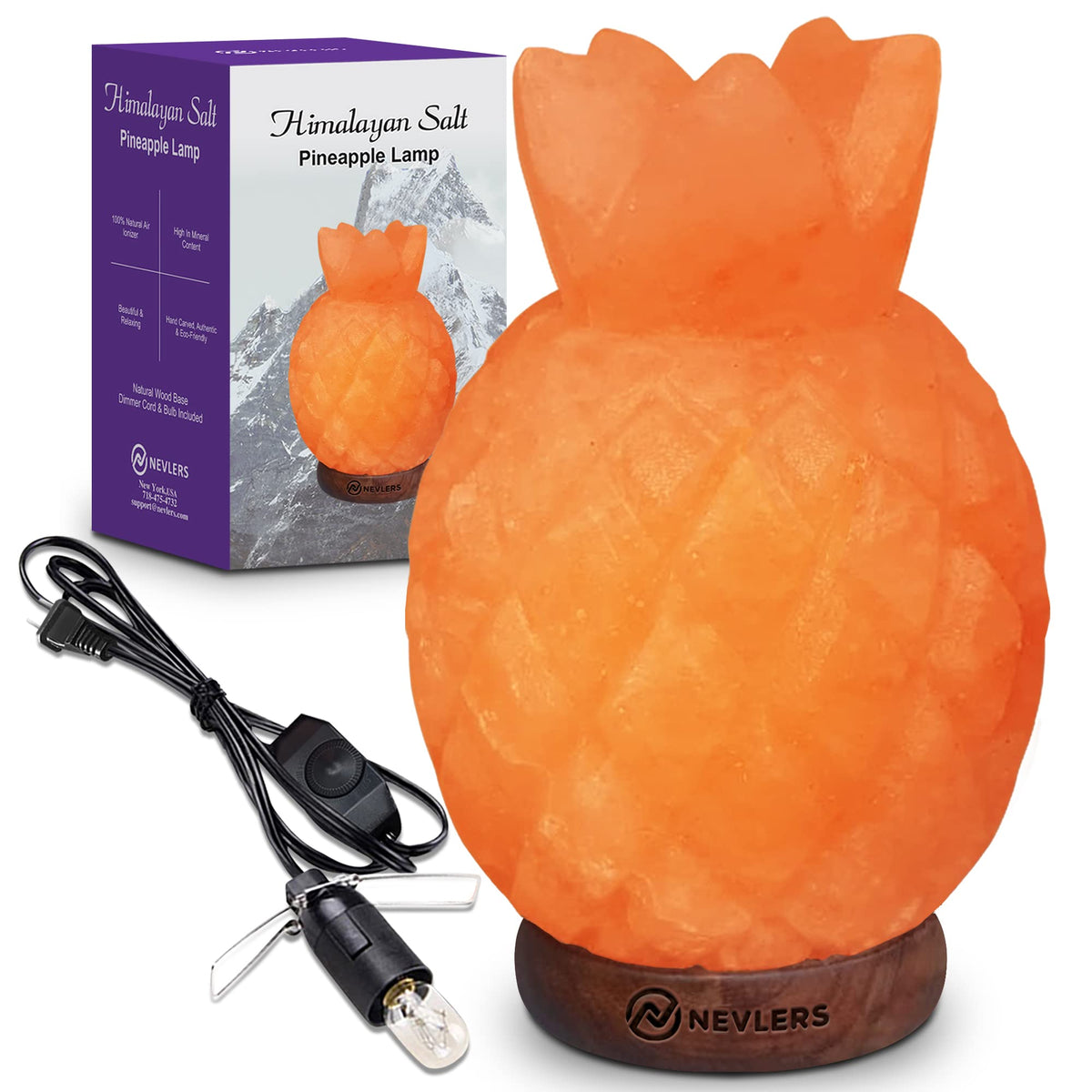 Nevlers Pineapple Shape Pink Himalayan Salt Lamp W/Wood Base| 7-8 Lbs & 7&quot;- 8&quot; Tall Himalayan Pink Salt Lamp W/Dimmer Cord & Light Bulb| 100% Salt Rock Lamp | Ambient Salt Crystal Lamp For Home Decor