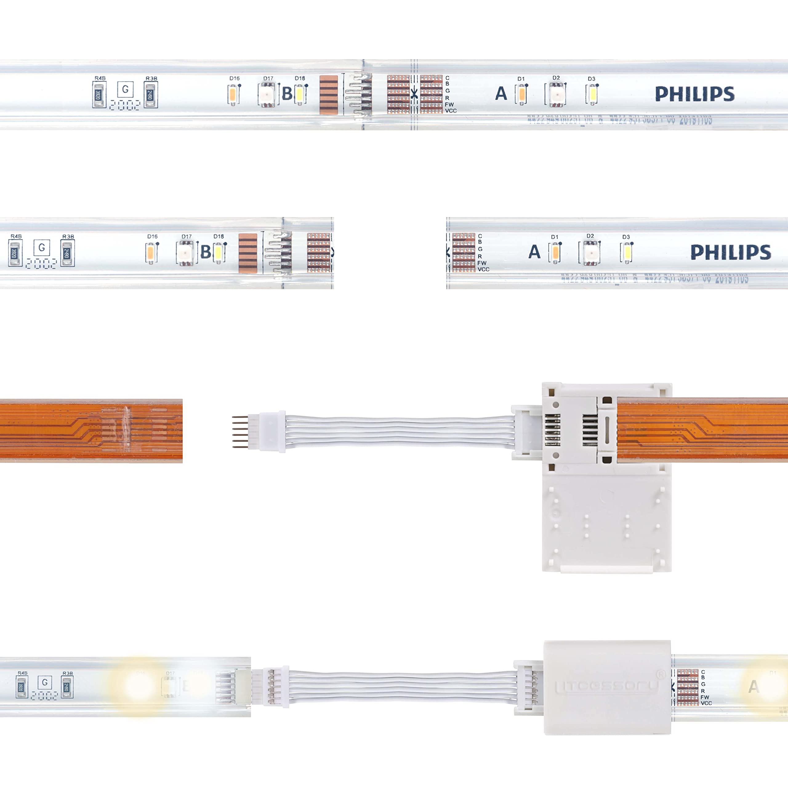 Litcessory 6-Pin Extension Connector for Philips Hue/Solo Lightstrip, 2in, White, 4 Pack - Model LIT-6P-EXT-50mm-W04