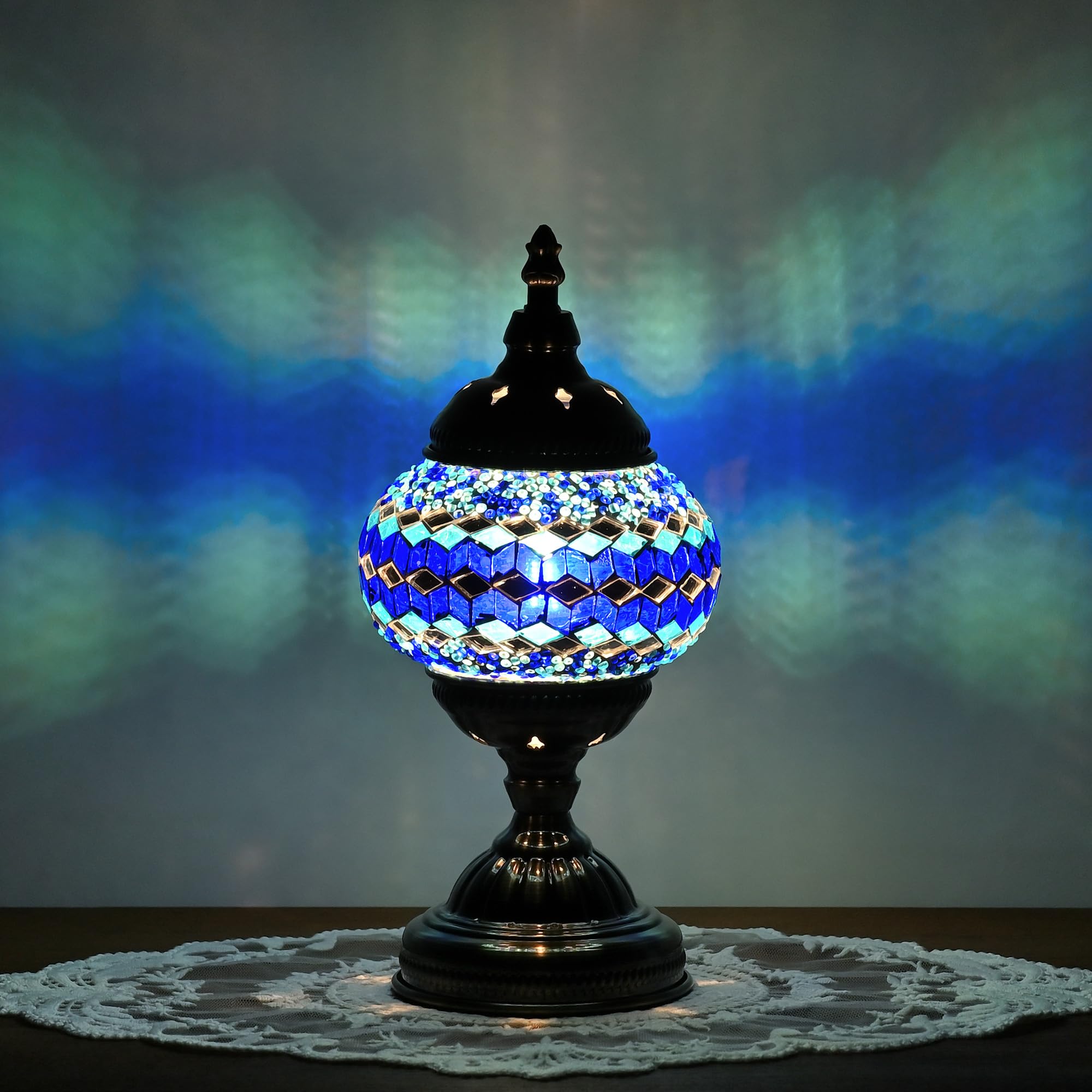 GOGERS Turkish Moroccan Table Lamp, Mosaic Glass Shade, 5.3inx5.3inx11in, Multiple Blues, Model GS-HH-Y8