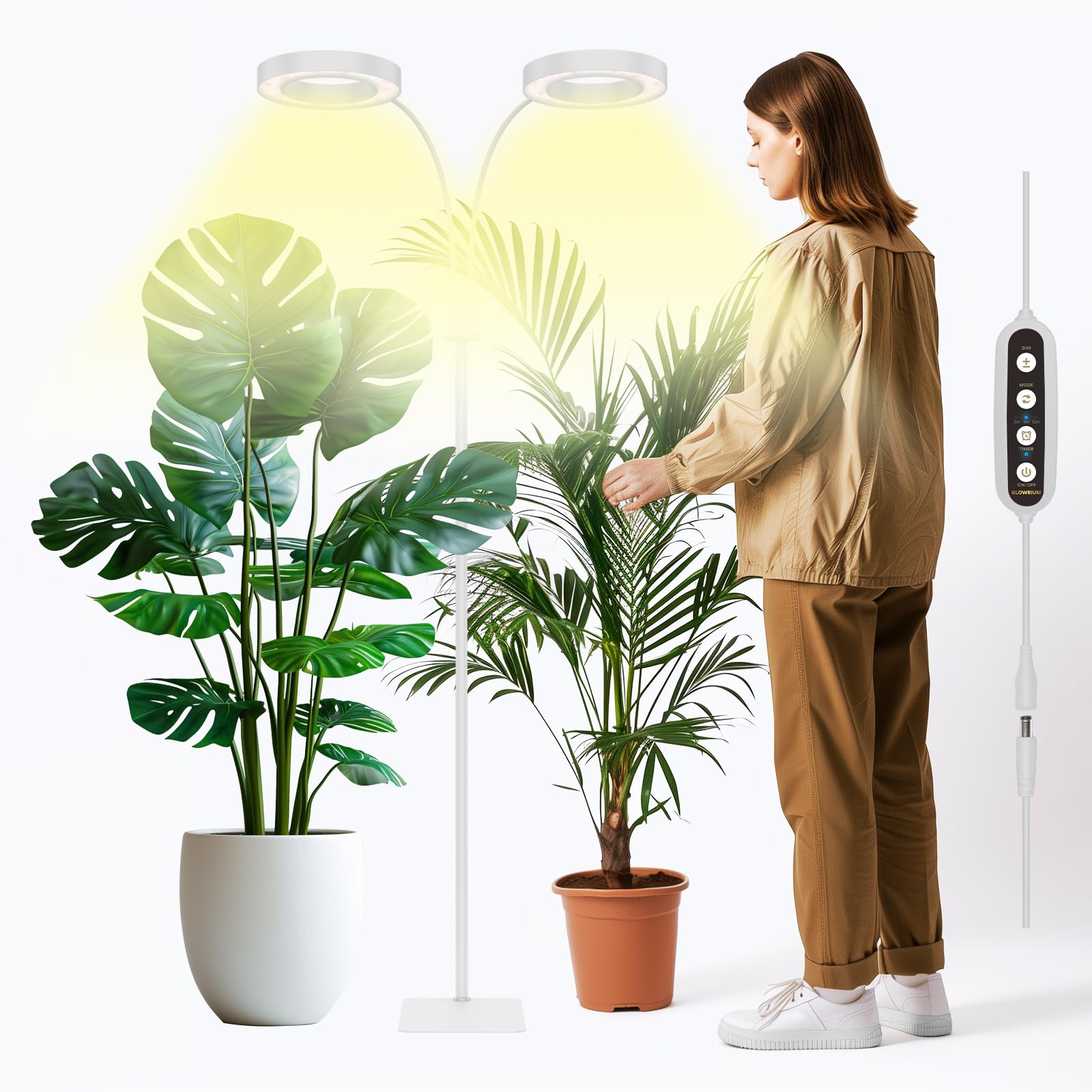Glowrium Grow Lights For Indoor Plants  40W Led 2-Head Plant Grow Lights With Auto-Timer  Full Spectrum Adjustable Height Standing Plant Grow Light  3 Light Modes  6-Level Dimmable (White)