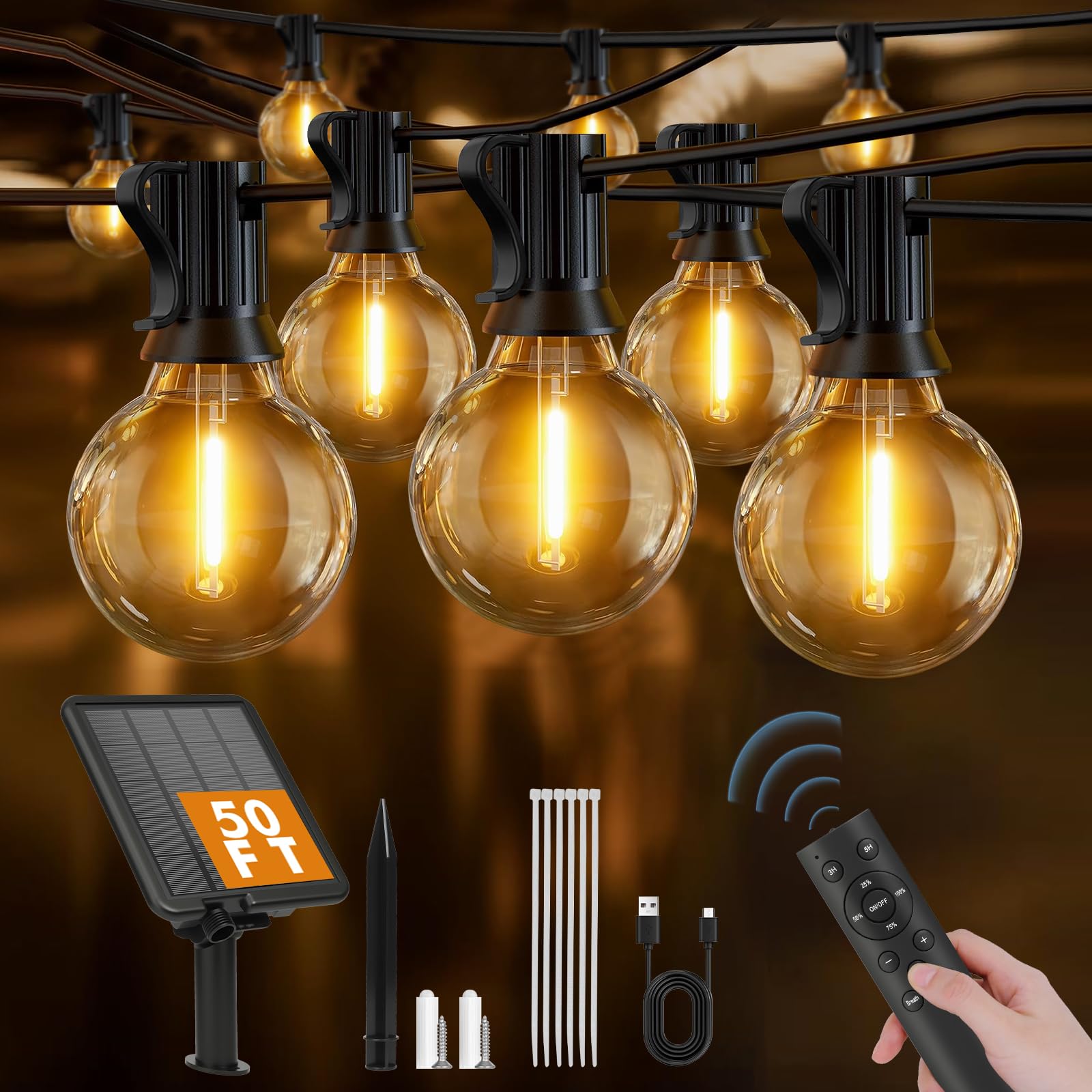 Solar String Lights Outdoor 50ft - 18+1 Shatterproof & Waterproof G40 LED Bulbs, Remote Control w/ 4 Dimming,3 Light Modes & Tim