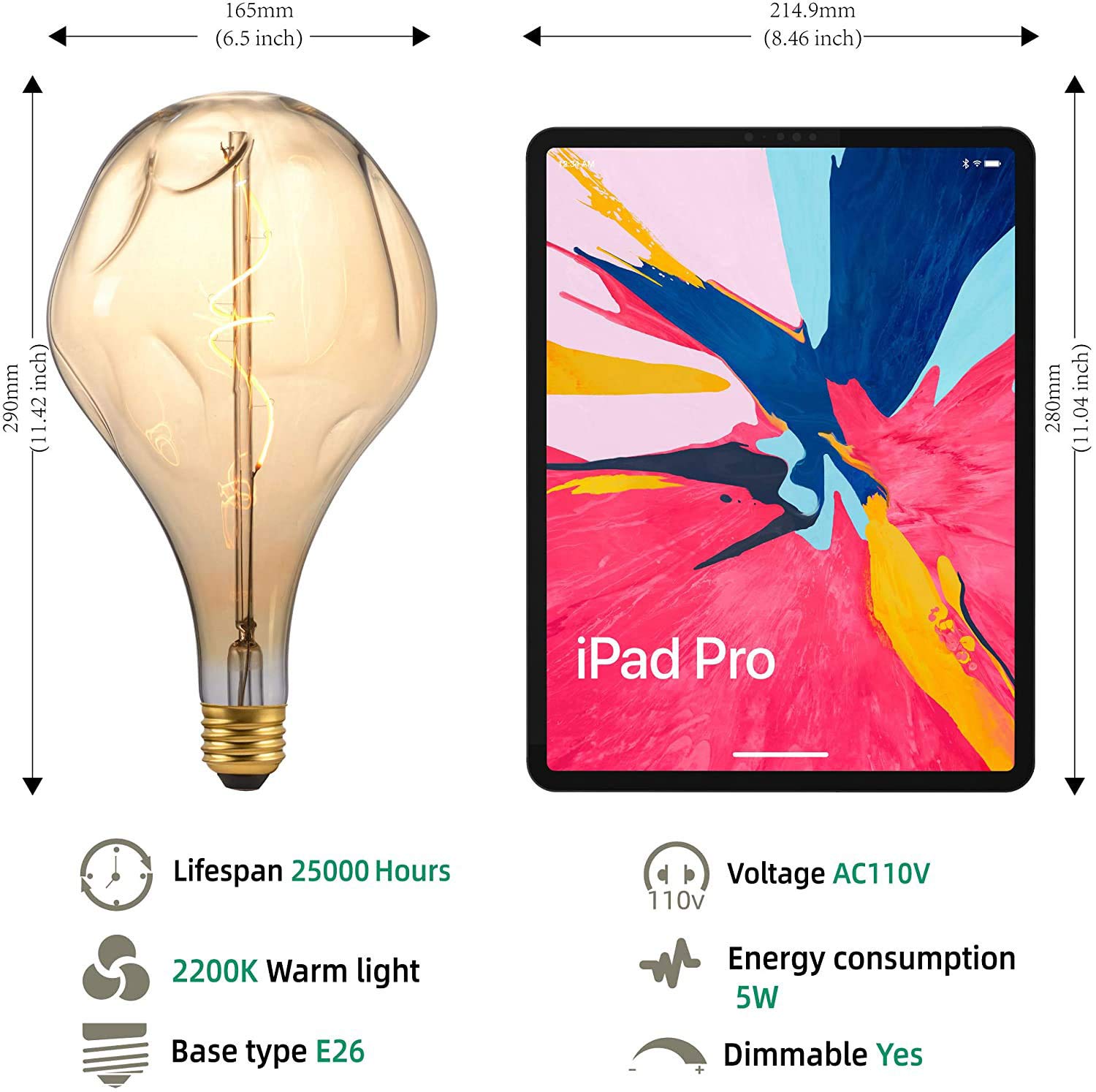Omed S165 Irregular Unique Large Oversized Vintage Led Edison Light Bulb, E26 2200K Warm White Dimmable Extra Large Bulb, 5Watt