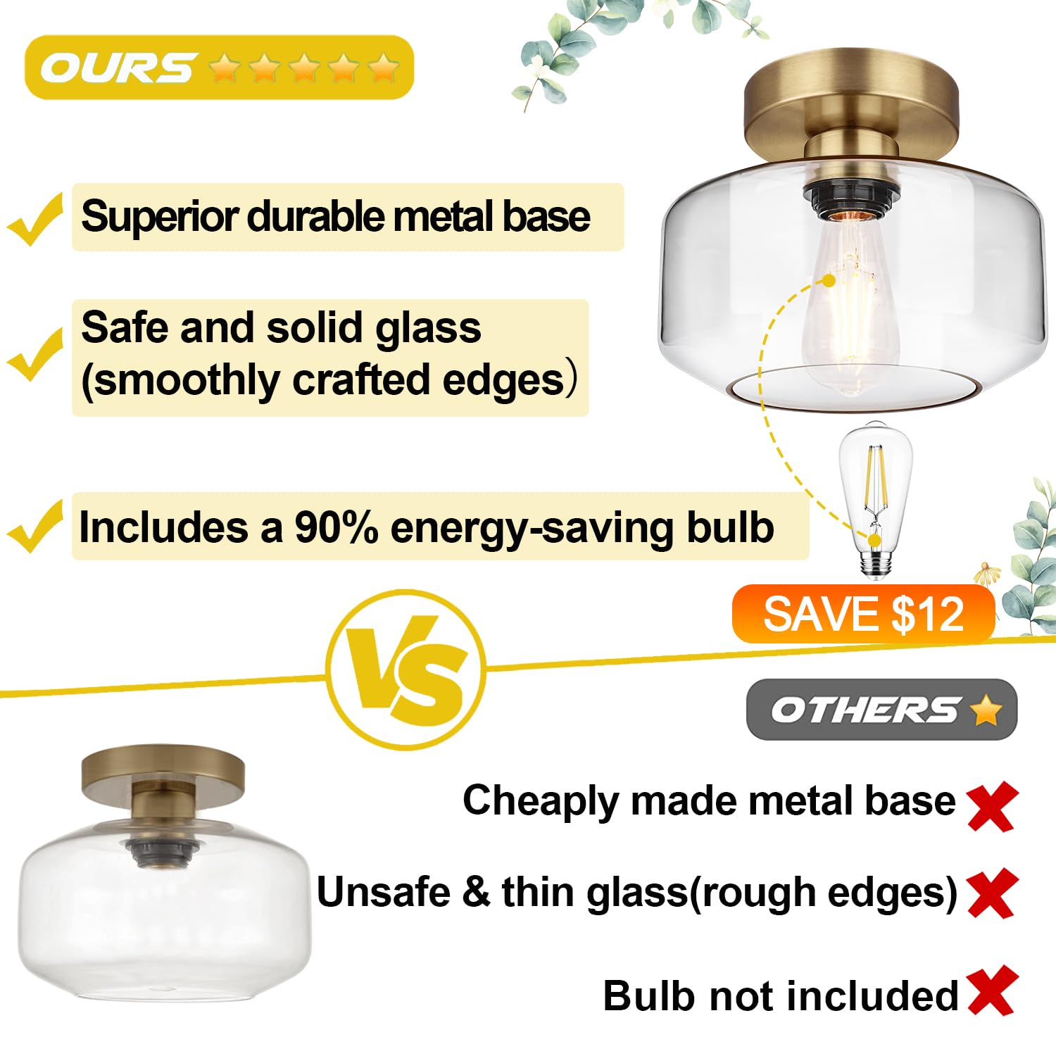 Industrial Semi Flush Mount Ceiling Light Brass, 800 Lumen Led Bulb Included, Clear Glass Shade Ceiling Light Fixture, Light Fix