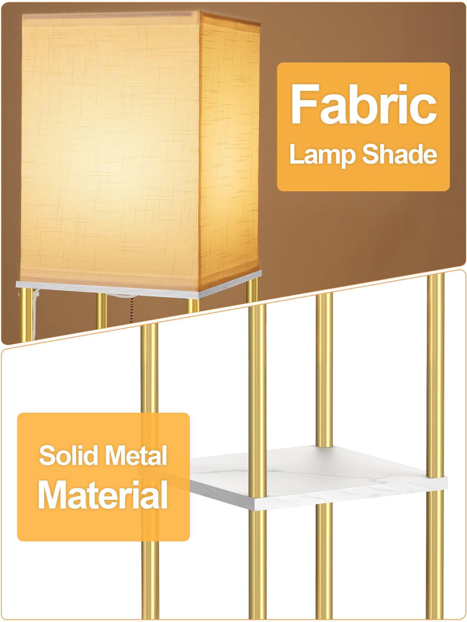 PARTPHONER Modern Floor Lamp with Shelves, White Linen Shade, Marble White and Gold, Model PAFP117AJ1