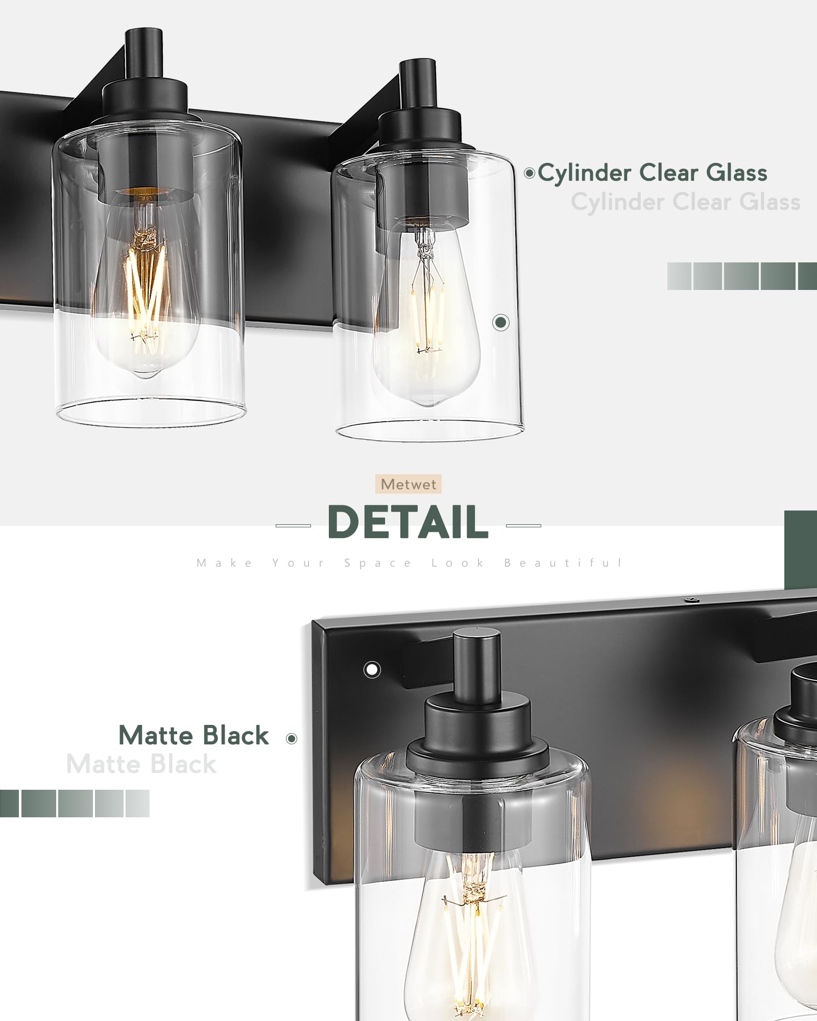 Metwet 5-Light Bathroom Light Fixtures  30 Inch Black Vanity Light With Cylinder Clear Glass Shade  Modern Vanity Lighting Fixtures Over Mirror  Vl143-Mb-5