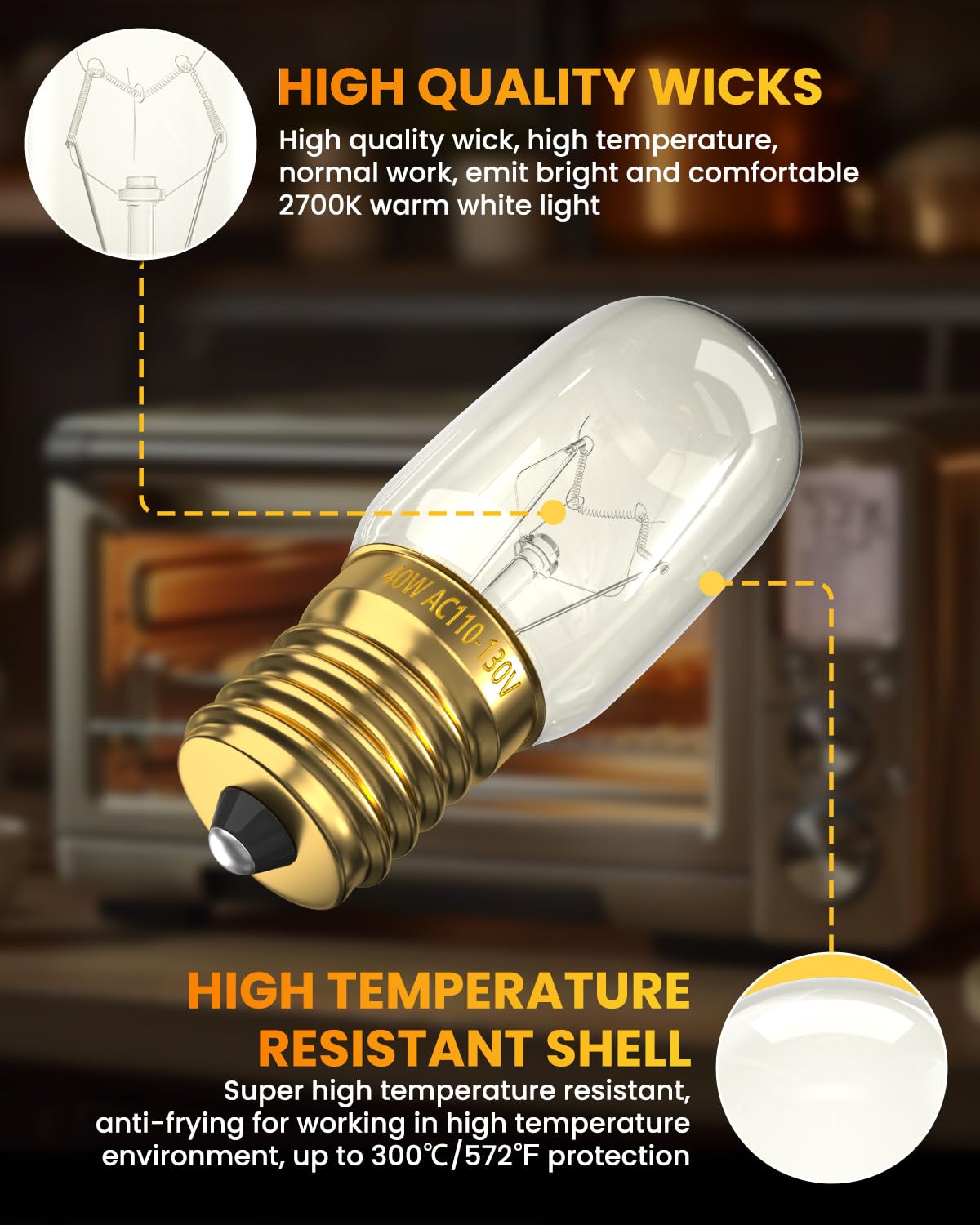 Doright Microwave Oven Light Bulb, 40W 110-130V E17 Oven Light Bulb, 2300K Warm White Dimmable Incandescent For Ovens/Microwaves
