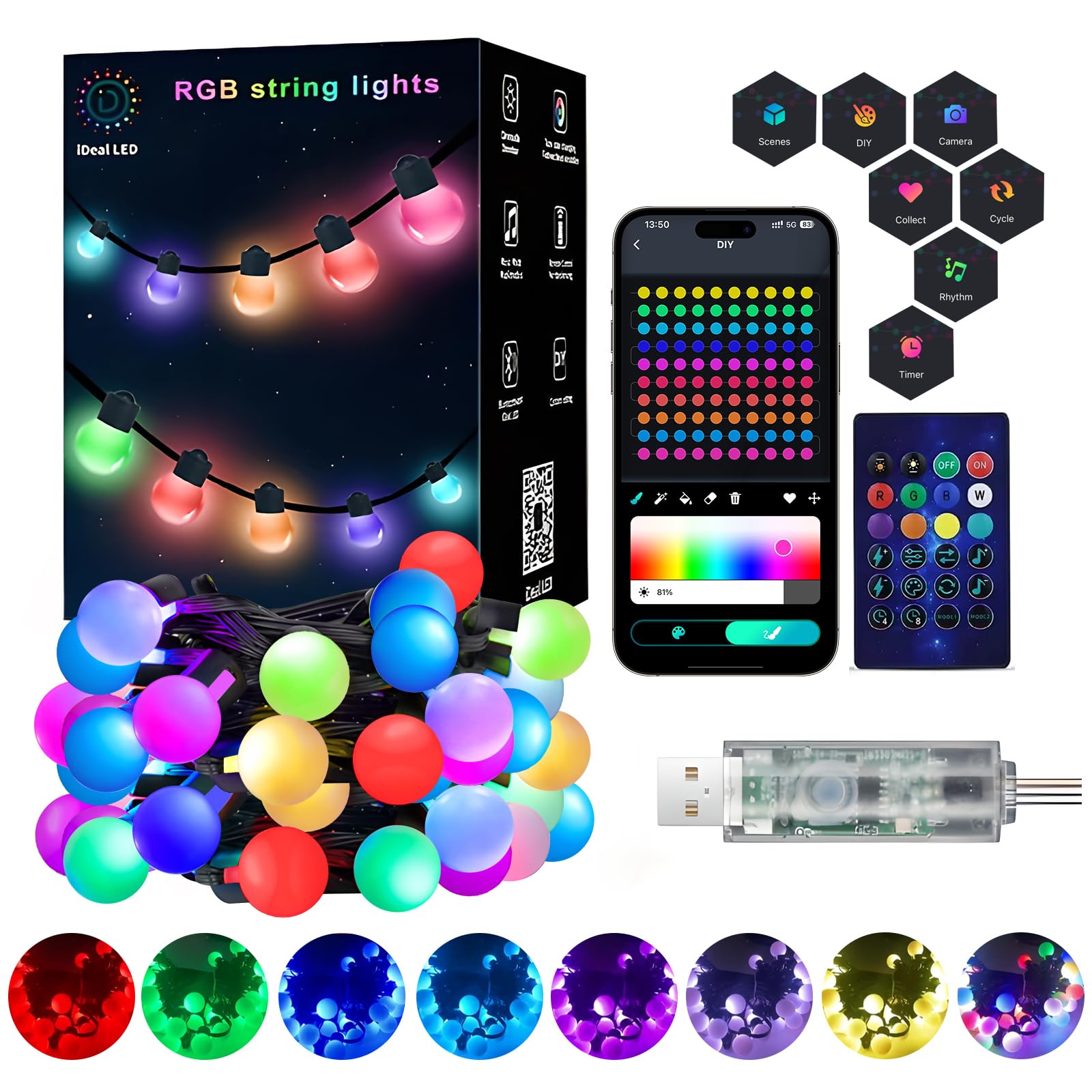 Super Rgb 33Ft Smart Globe String Lights, 50 Dimmable Rgb Mini Led Fairy Lights, Color Changing Effect Hanging With App & Remote Control For Halloween Christmas Indoor Outdoor Patio Room Party Decor
