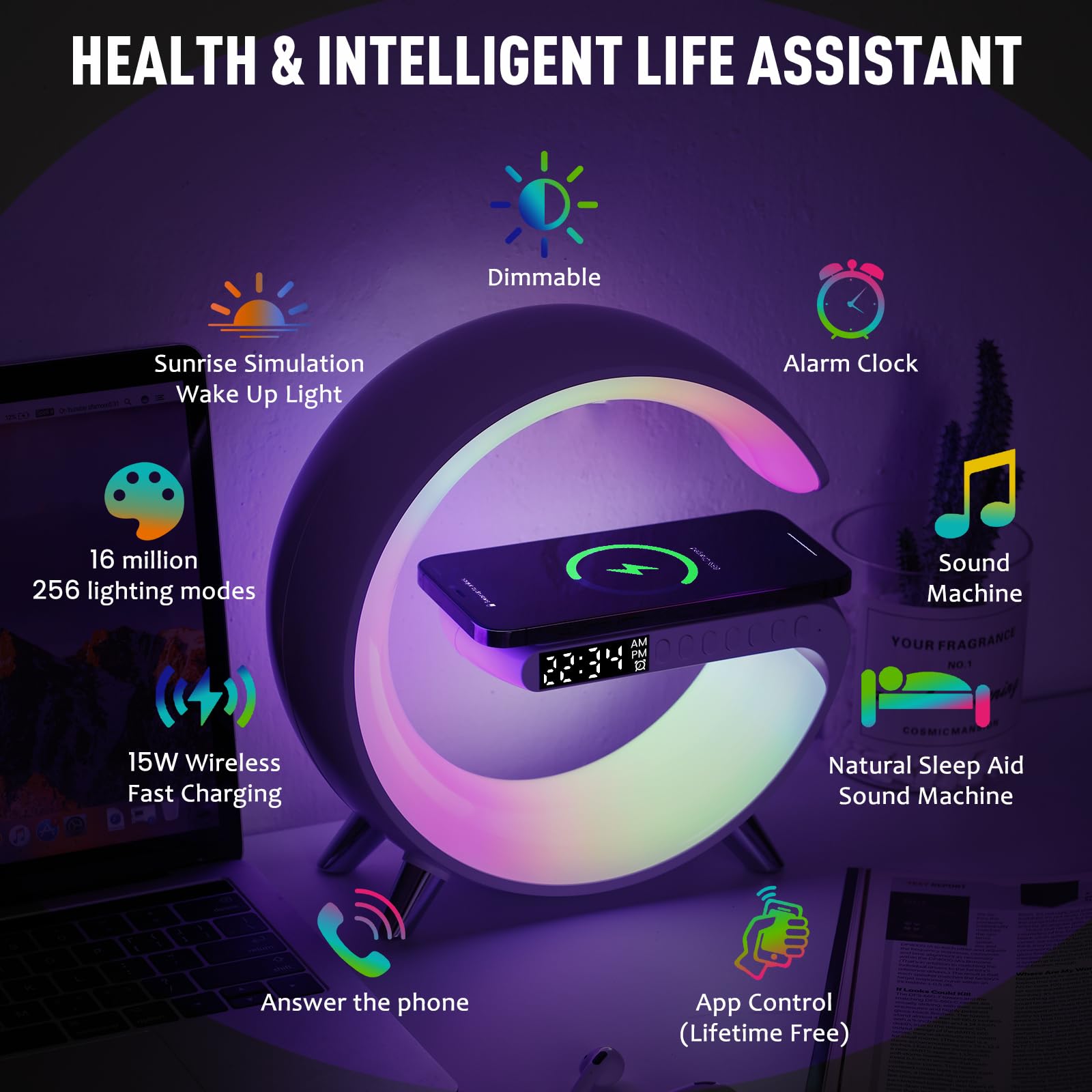 Leenabao Smart Led Table Lamp, 4-In-1 Wireless Charger, Night Light, Alarm Clock, And Bluetooth Speaker With App Control For Bedroom, Office, And Home Decor (Black)