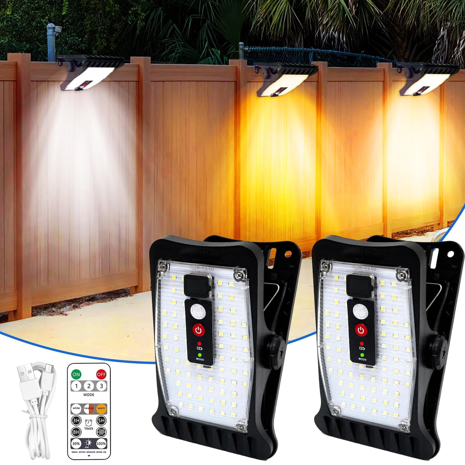 SUNOHE Clip on Solar Motion Sensor Lights Outdoor Waterproof with 70 LEDs, 3 Color Temperature, USB & Remote Control, 2 Pack Sol