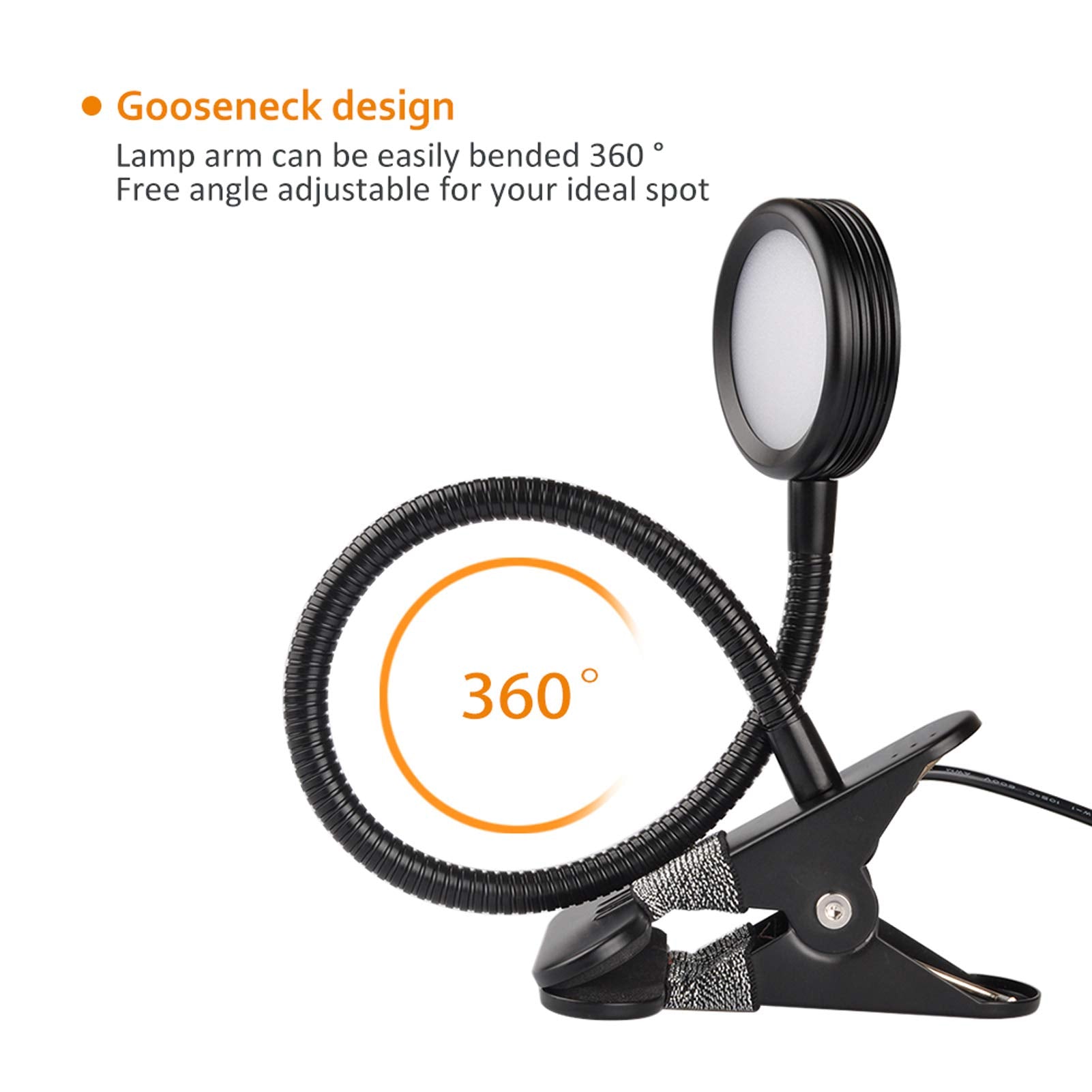 LEPOWER Clip-On Desk Lamp, Color Changeable, 11x7.5x48.5cm, Black, Silicone Rubber & Metal, Model 908A-03, Adapter Included