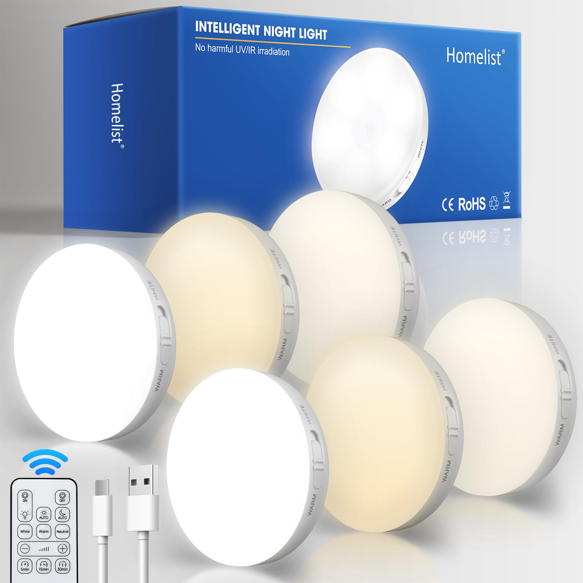 Homelist Motion Sensor Lights Indoor with Remote Control, 6 Pack Closet Night Lights Battery Operated Stick on Under Cabinet Lig
