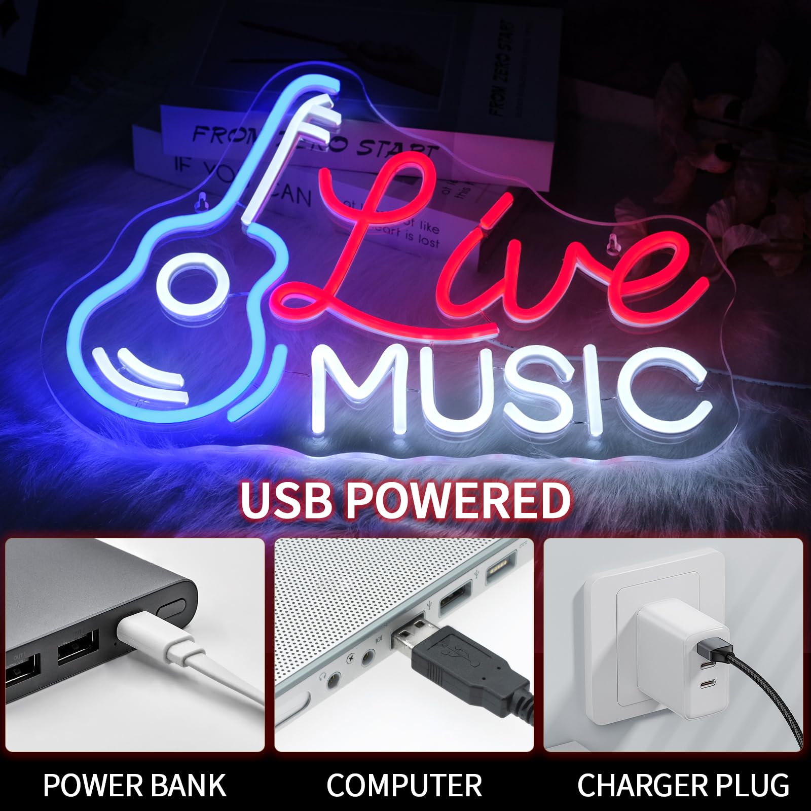 Virlusy Live Music Neon Sign - Dimmable LED Wall Decor, Acrylic, Red Blue White, Model YL-Live Music, Ideal for Studio, Bar, Party