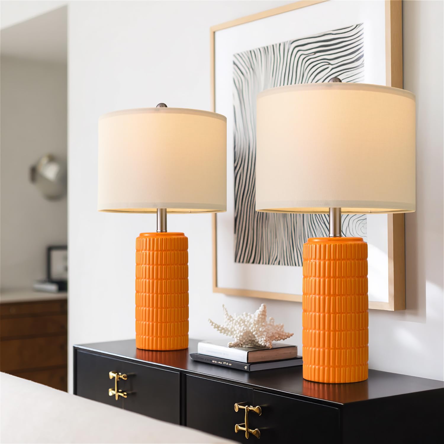 PoKat Ceramic Table Lamps Set of 2, 23in Orange, Modern Design for Living Room and Bedroom, Model AMZ-T1102AC