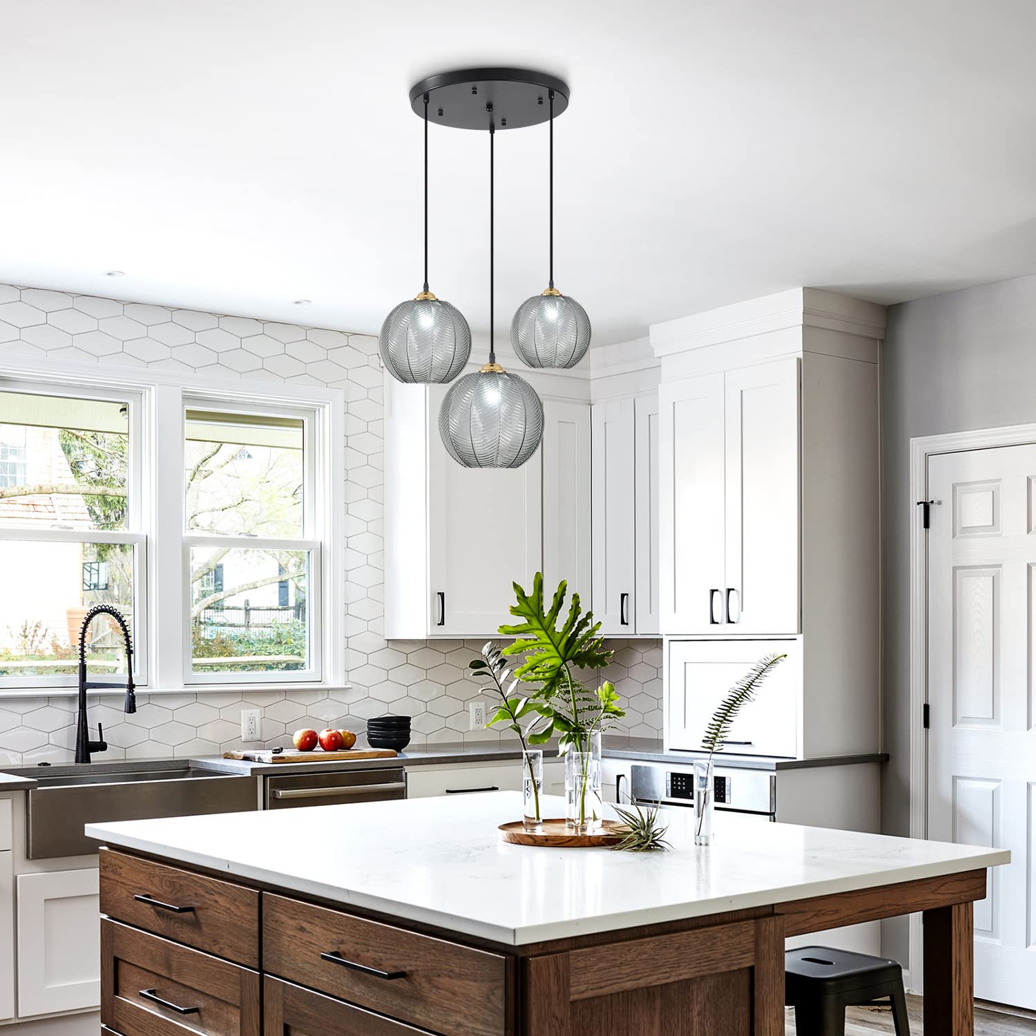 KCO Lighting 3-Light Pendant Light Smoke Gray Glass Black Metal Mid-Century Modern Chandelier Model L1135