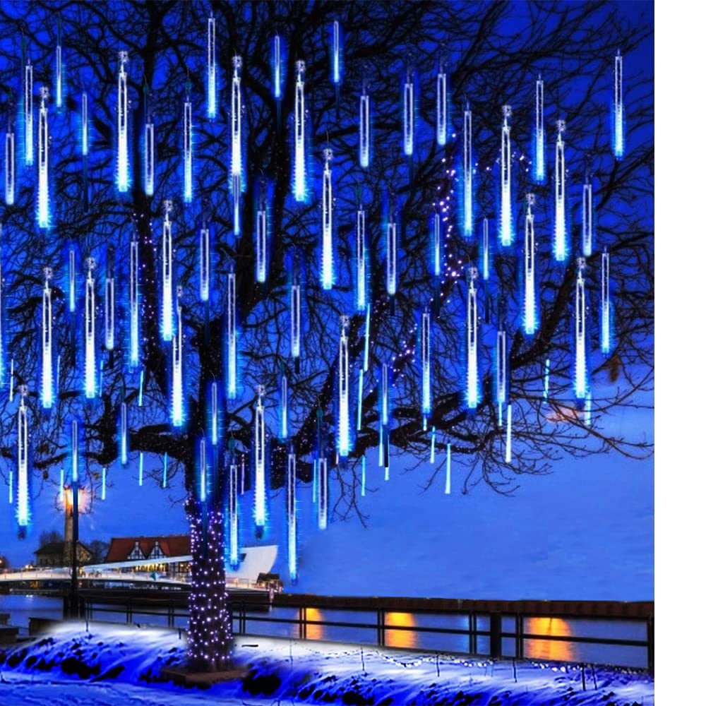 Kordain Outdoor Christmas Lights, 12 Falling Rain Icicle Lights, 8 Tubes, 144 Led, Blue, Model Kordain-02, 26.9Ft, Copper