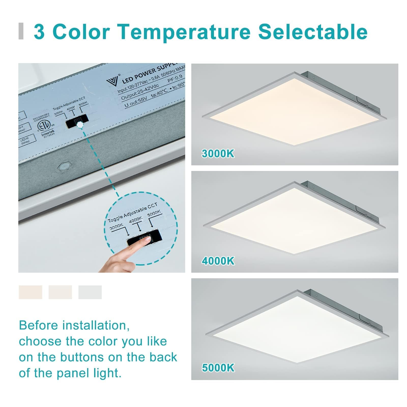 Vocgouu 24-Pack 2X2 Led Flat Panel Light Drop Ceiling Fixture, 3Cct Selectable (3000K/4000K/5000K) & 40W 30W 20W Switchable, 0-1