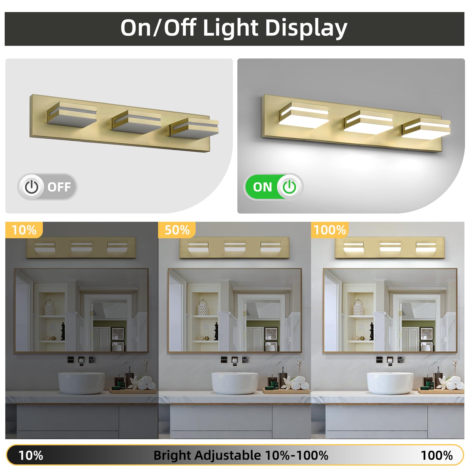 OKELI 5-Light Bathroom Vanity Light Gold LED Dimmable 32W 6000K Adjustable ETL Listed Model OK-9553-3T-GL