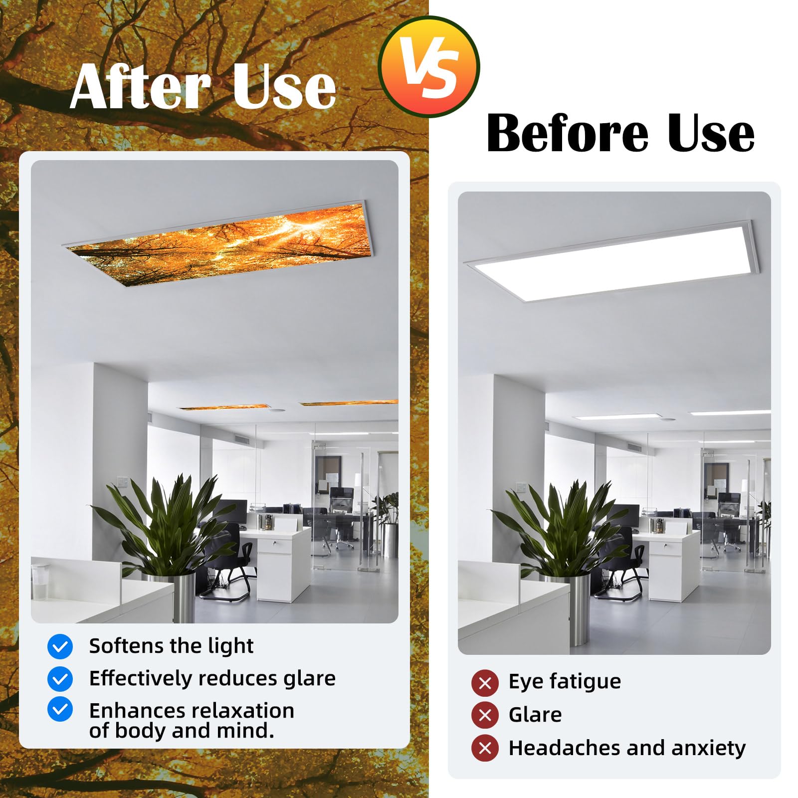 Angsylth 8 Pcs Fluorescent Light Covers - 4 X 2 Feet, Magnetic Light Filters For Office, Hospitals, Home - Autumn & Sunset