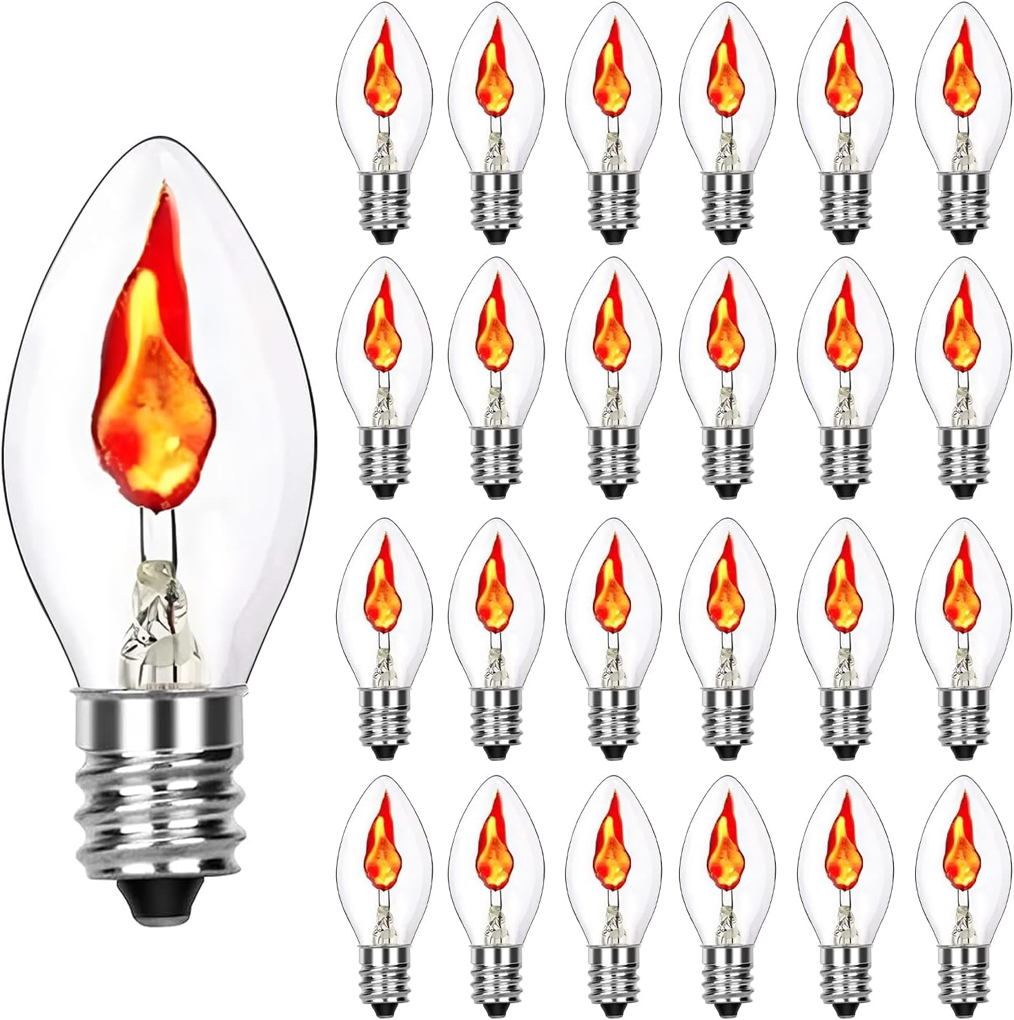 25 Pack C7 Christmas Flickering Flame Light Bulbs, 1W Clear Flicker Flame Candles Light Bulbs, E12 Candelabra Replacement Light 