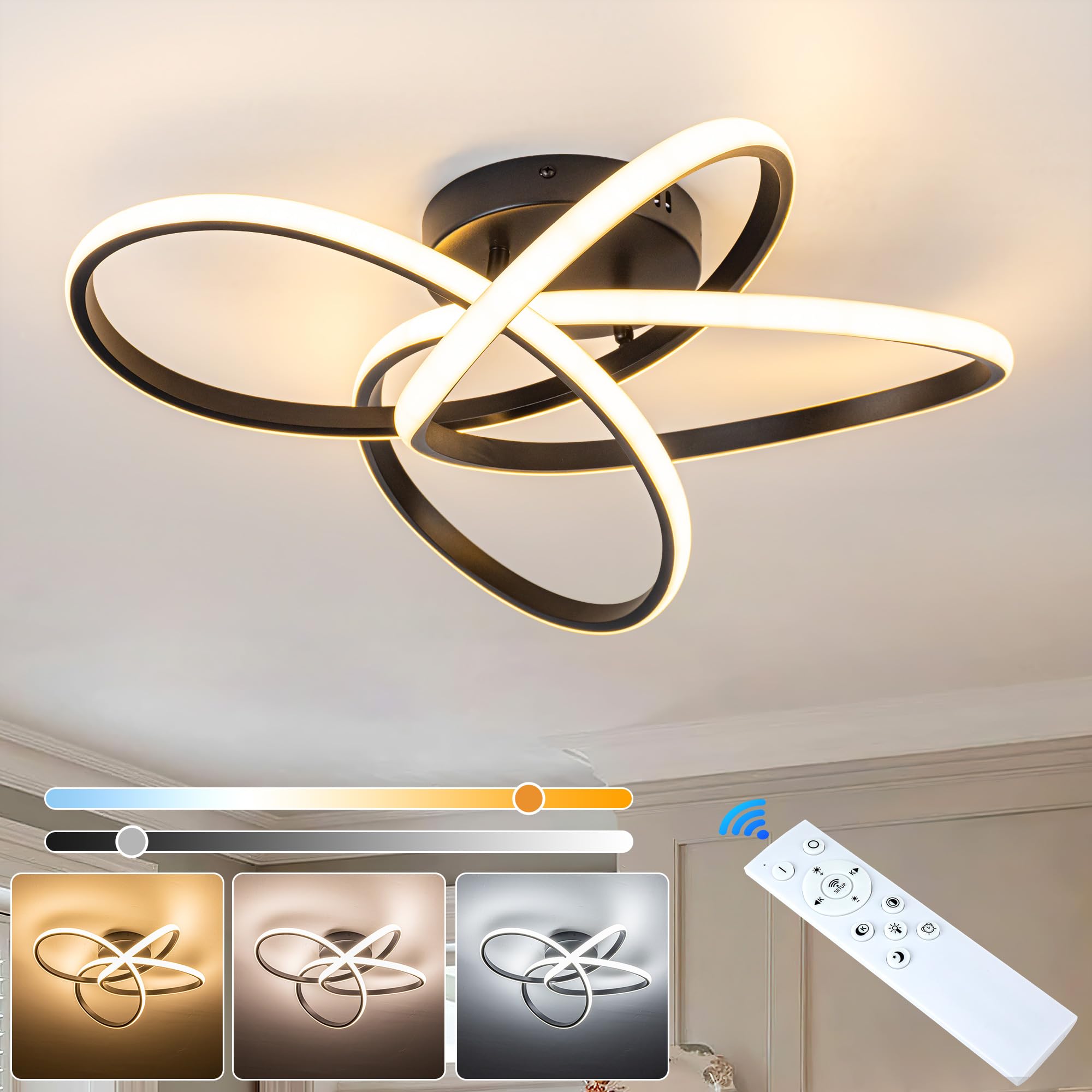 TIAZFCA Modern LED Chandelier, 50W LED Ceiling Light with Remote Control, 3000-6000K Color Temperature Changing, Balck Chandelie