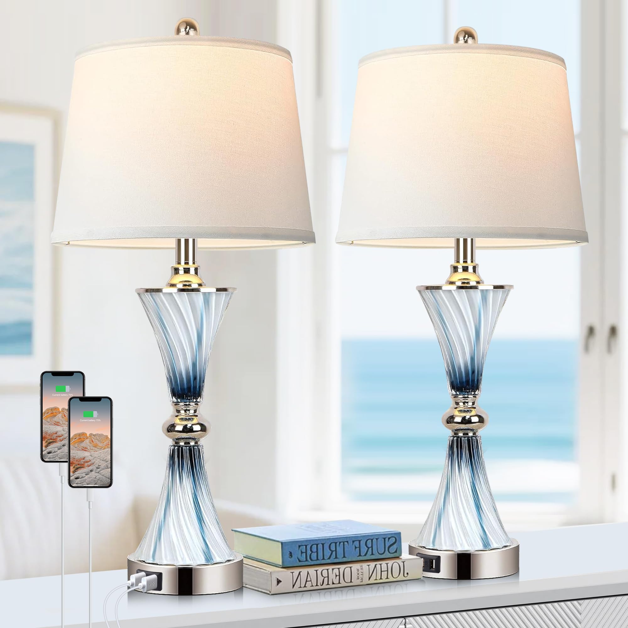 Hamucd 3-Way Dimmable Touch Glass Table Lamps For Bedrooms With 2 Usb Ports Set Of 2 Coastal Beach Bedside Lamps For Contemporary Modern Night Stand Lamps With 2 Led Bulbs For Lighting Decor